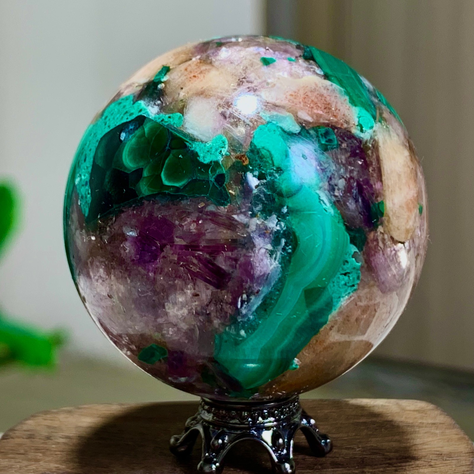 94G Newly discovered rare malachite purple mica symbiotic sphere restoration