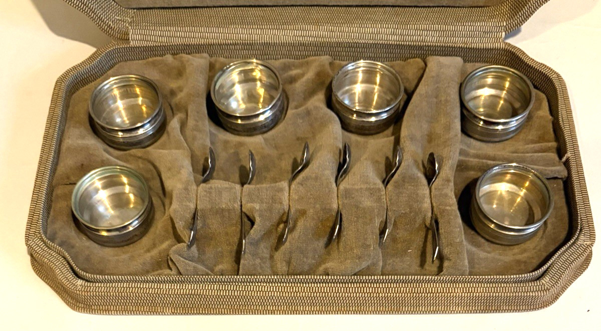 Set 6-ANTIQUE WEBSTER STERLING Open Salt Cellars /Shell Spoons-Orig Display Case