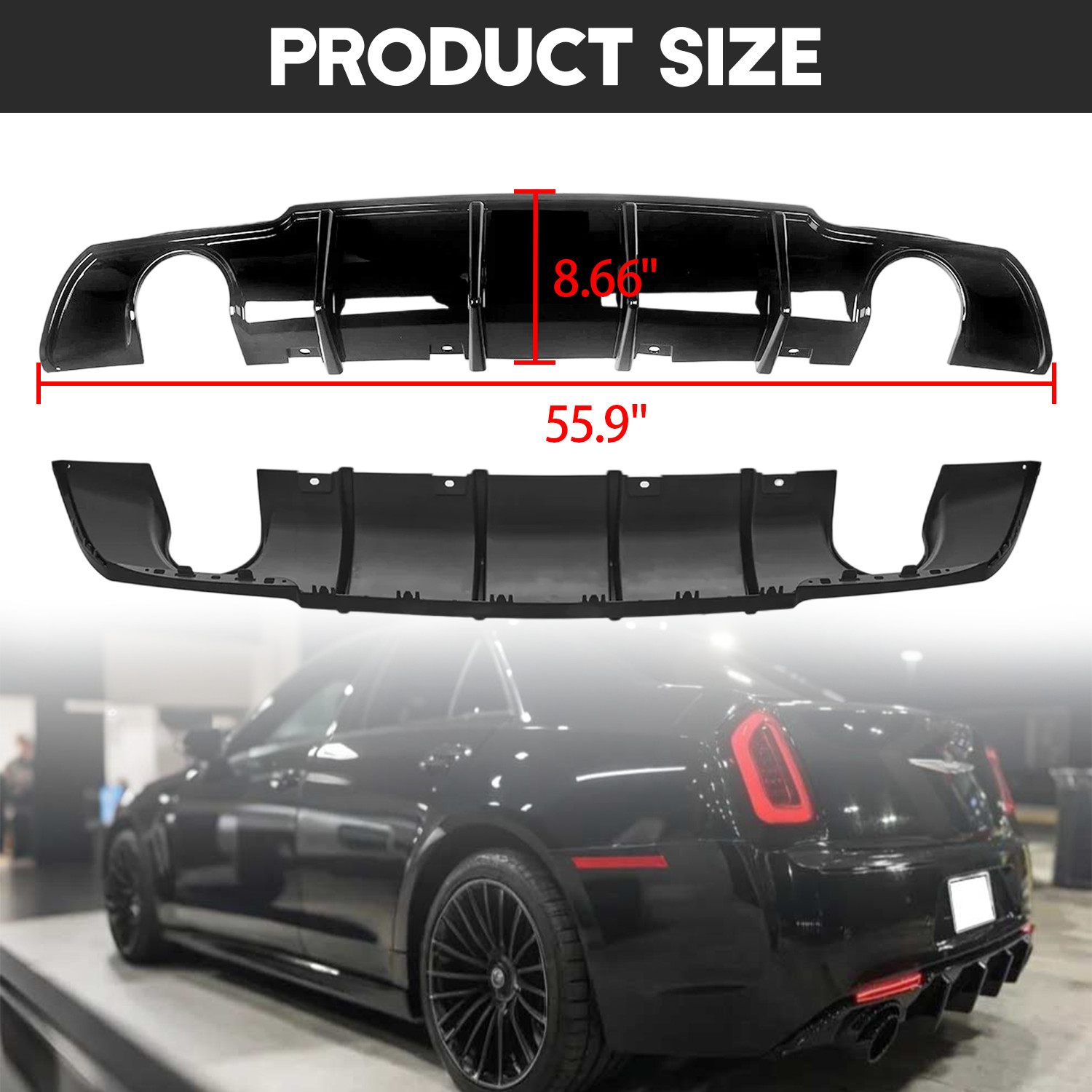 For 2015-2023 Chrysler 300 SRT Bumper Lip Gloss Black Dual Exhaust Rear Diffuser