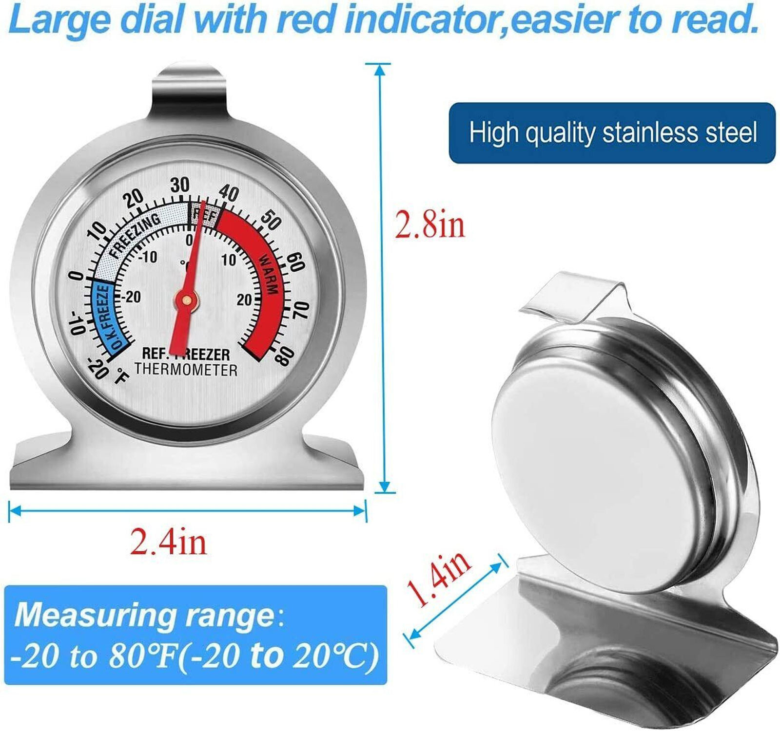 Refrigerator Freezer Thermometer Fridge DIAL Type Stainless Steel Hang Stand 1-4