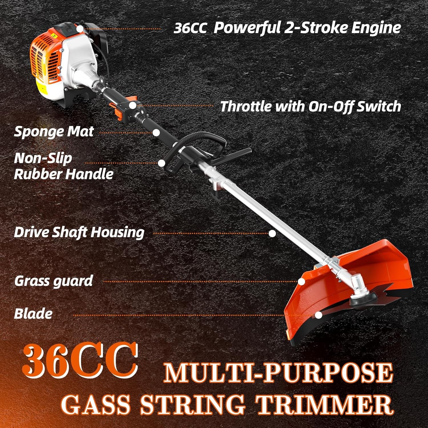 36cc Gas String Trimmer 2-Stroke 3 in 1 Brush Cutter Weed Eater Wacker Trimmer