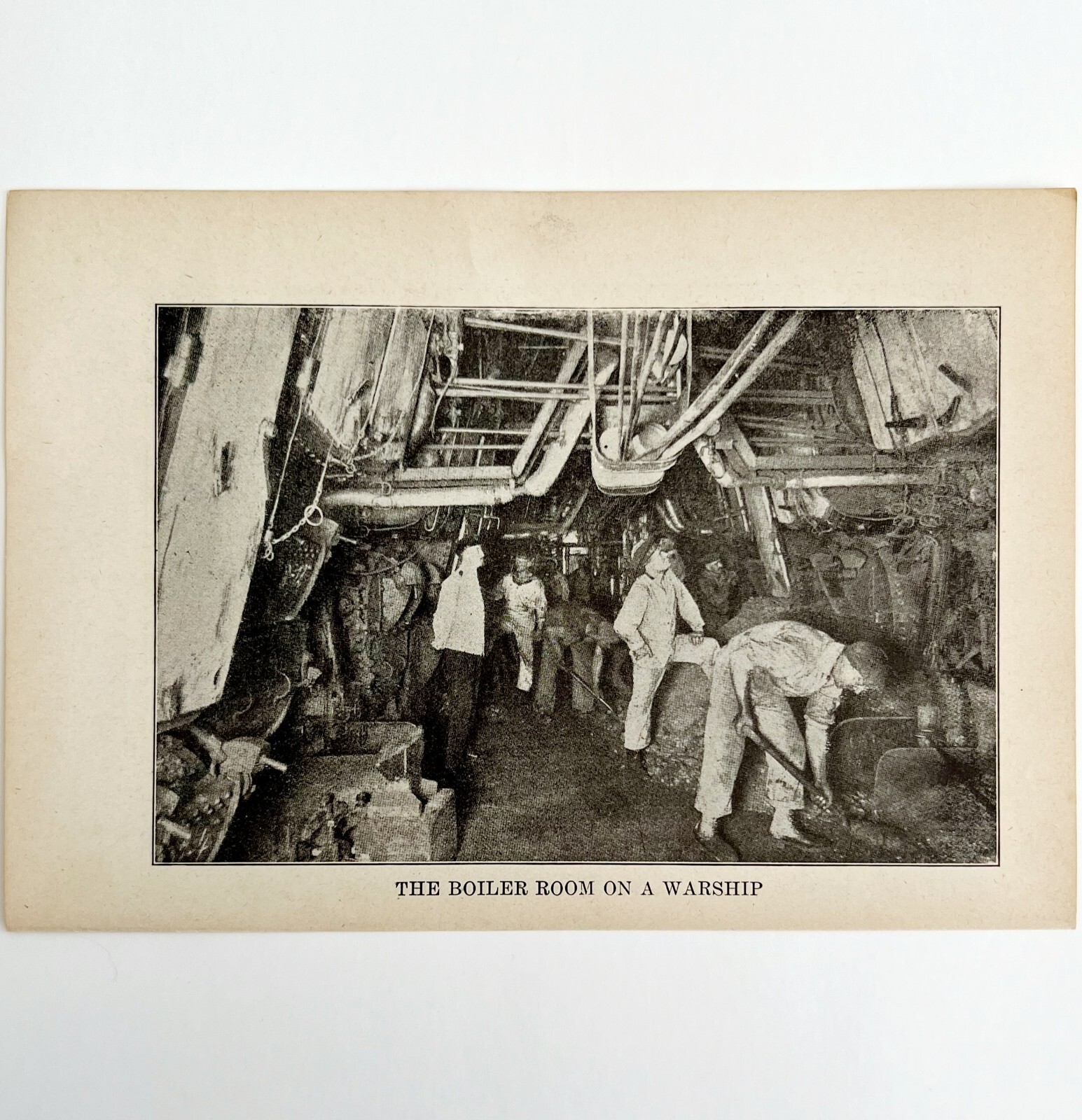 1914 WW1 Print Boiler Room On A Warship Antique Military Period Collectible