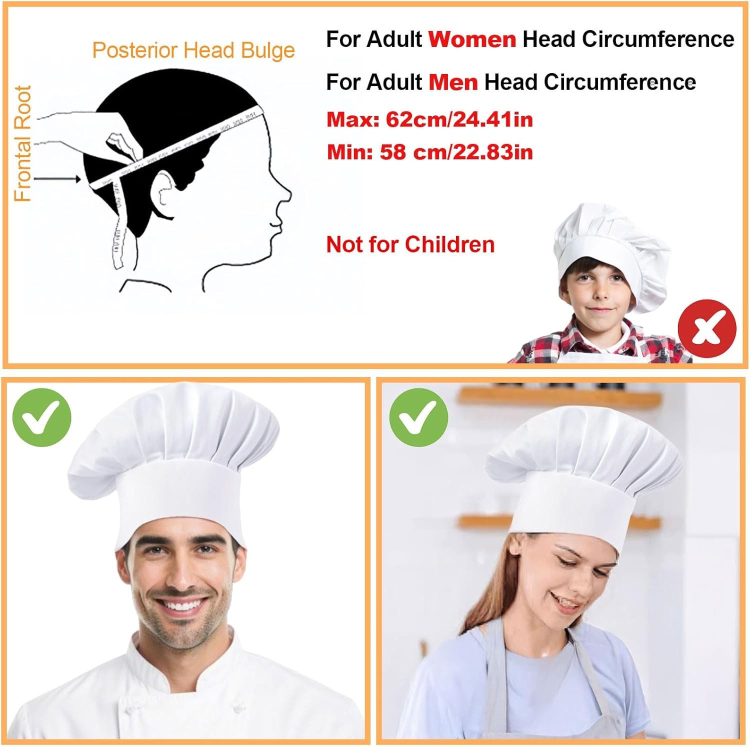 2 Pcs Chef Hats for Men, Chef Hat, Adjustable Elastic Chef Caps for Women, Baker