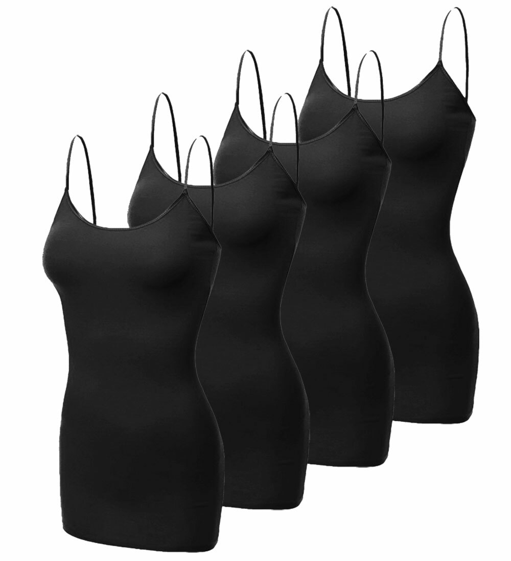 [4 pack] Women Long Camisole Tank Tops Cotton Basic Cami Tops W/ Straps S ~ 3XL