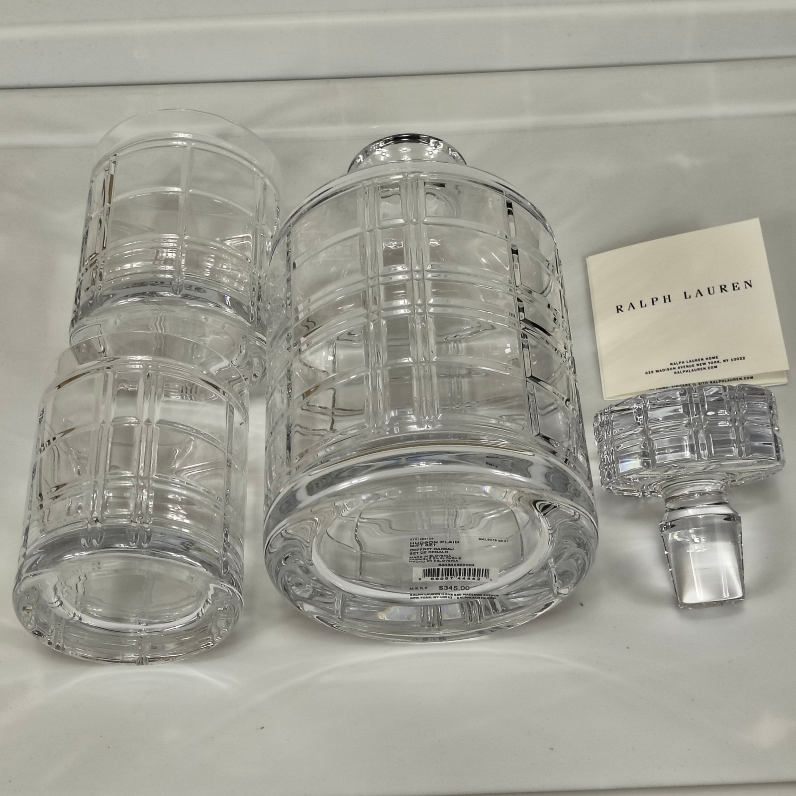 Ralph Lauren Hudson Plaid Crystal Decanter and 2 Glasses Gift Set