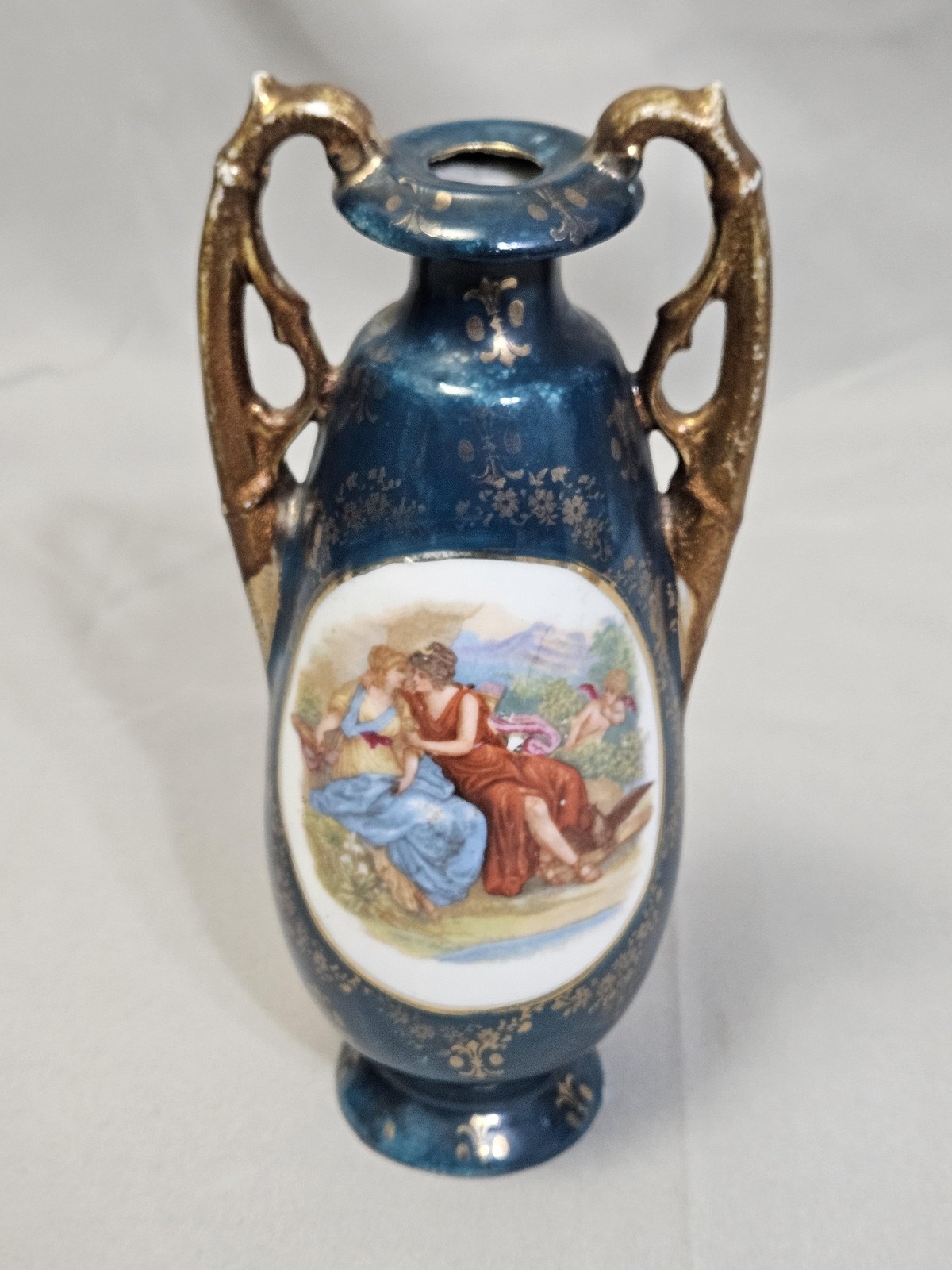 Vintage Victoria Austria Porcelain Vase Romantic Couple Blue Gold Art Nouveau