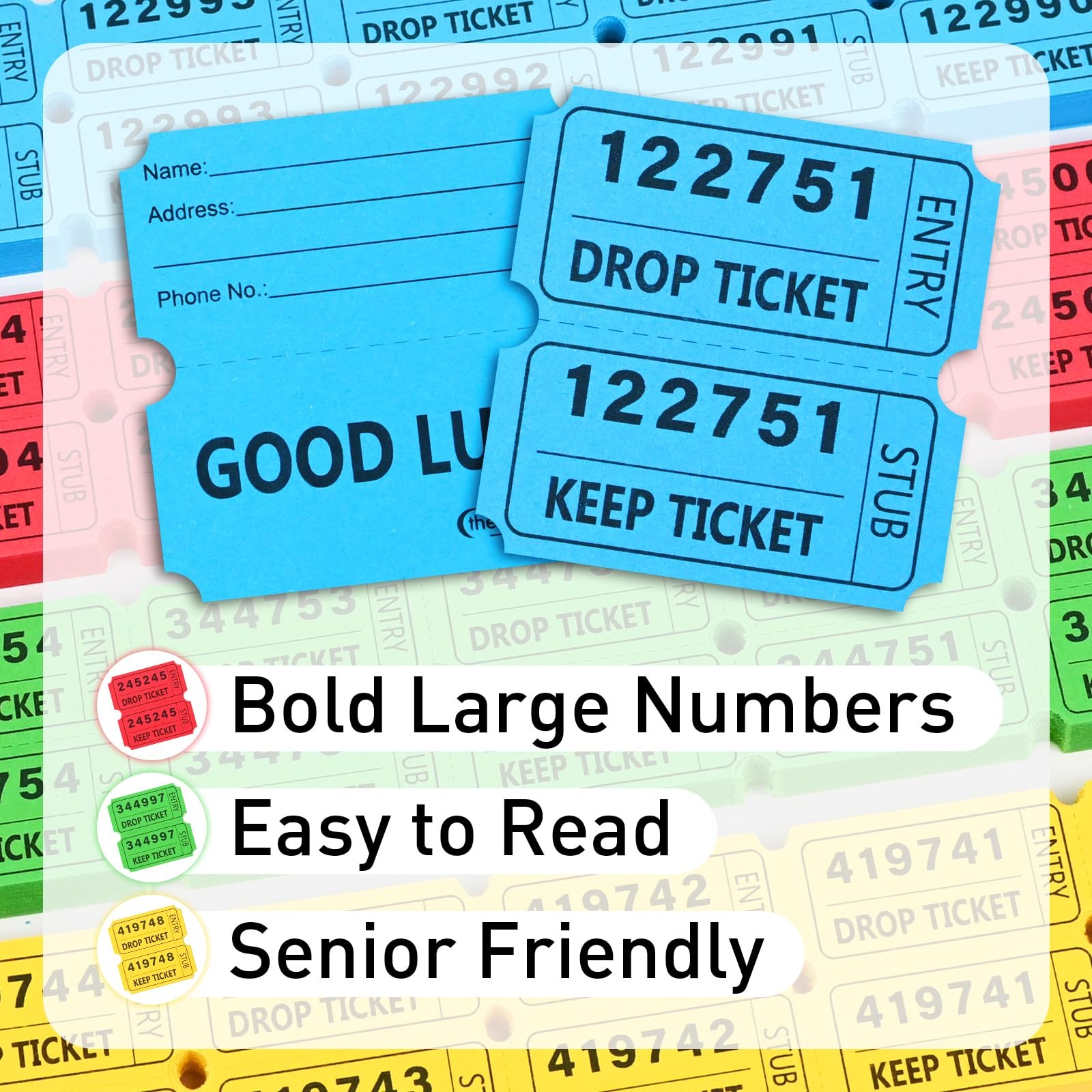 2000 pcs 50/50 Raffle Tickets, Large Bold Numbers Double Tickets, 2"x2" Ticke...