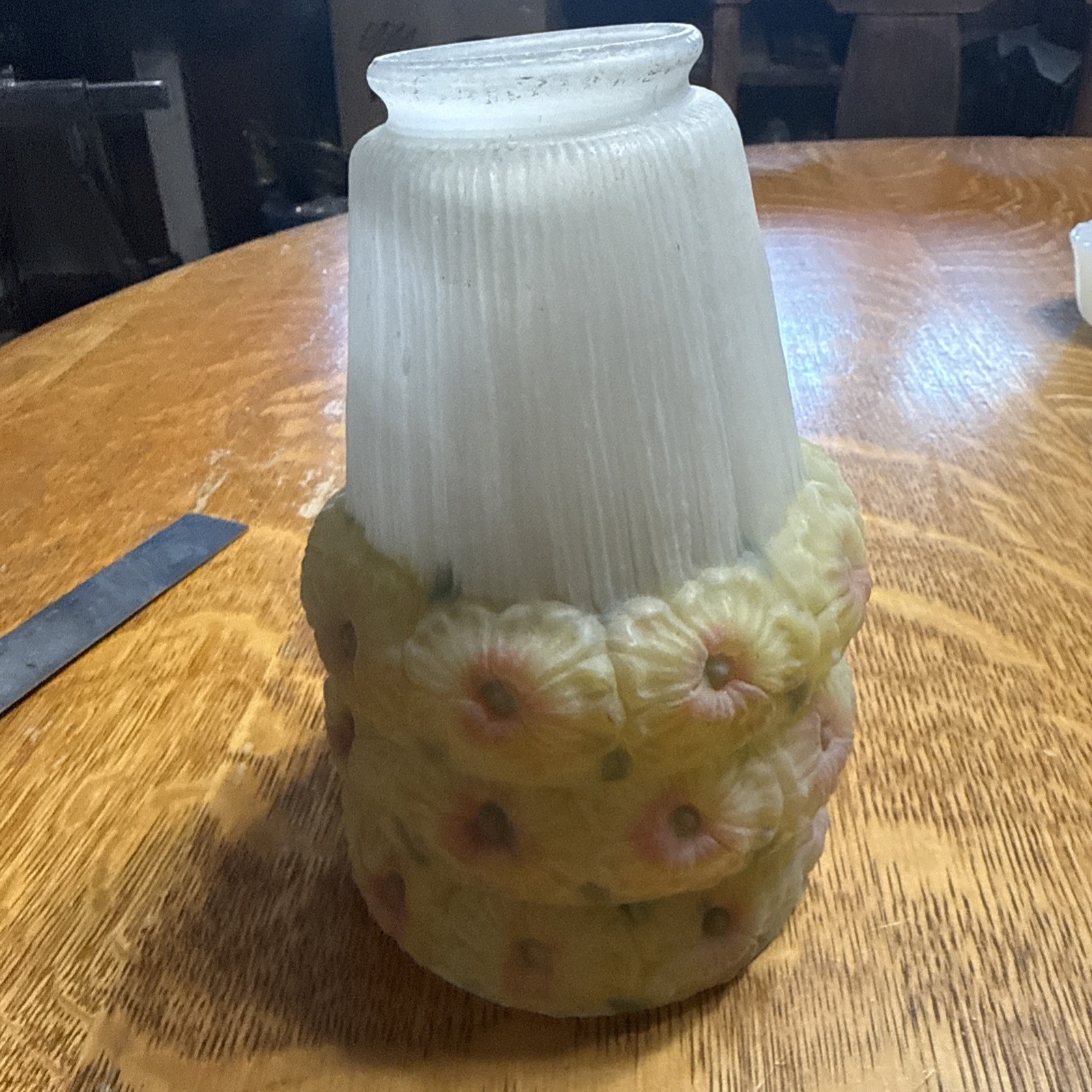 Antique Set 3 Reverse Painted Glass 4 5/8" Shades Yellow Flowers 2-1/4" Fitter