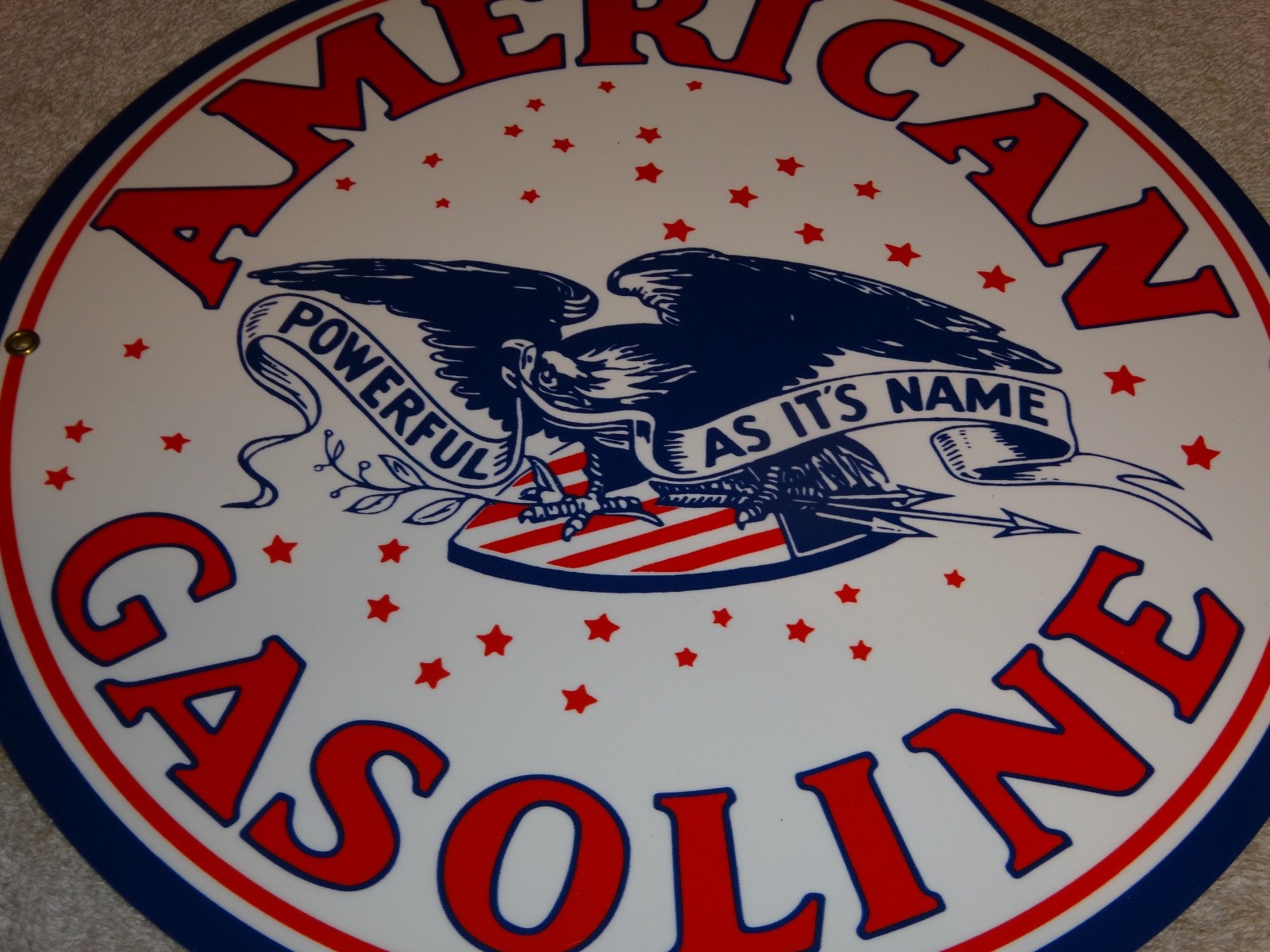 VINTAGE AMERICAN GASOLINE POWERFUL EAGLE 11 3/4" PORCELAIN METAL GAS & OIL SIGN