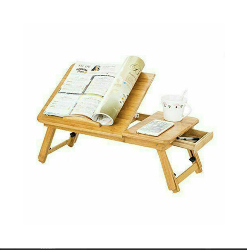 Bamboo Adjustable Laptop Tray Lap Desk Stand Foldable Bed Table w/drawer