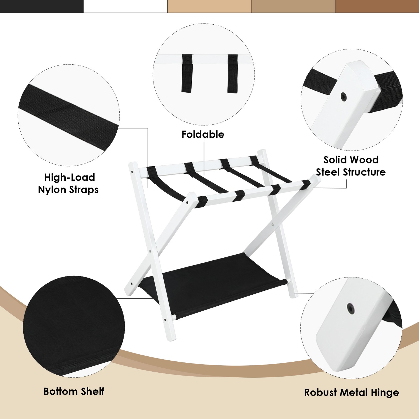 Set of 2 Folding Luggage Rack Soild Wood Stand Suitcase Holder w/ Shelf White