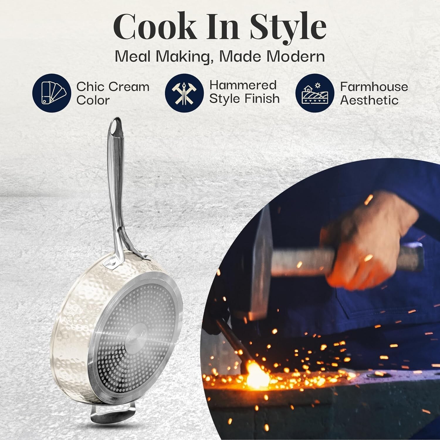 Gotham Steel Hammered Cream 14'' Ultra Ceramic Nonstick Fry Pan with Lid