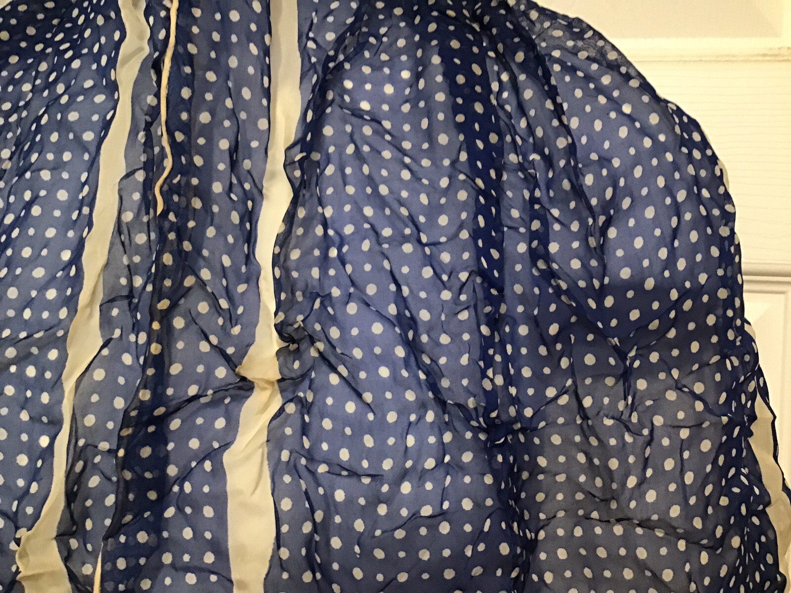 Fashion Scarf Polyester Sheer Blue with Beige Polka Dots 38”x14” Vintage 1960s