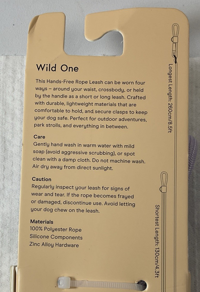 Wild One Adjustable Hands-Free Standard Rope Leash - Lilac - Brand New