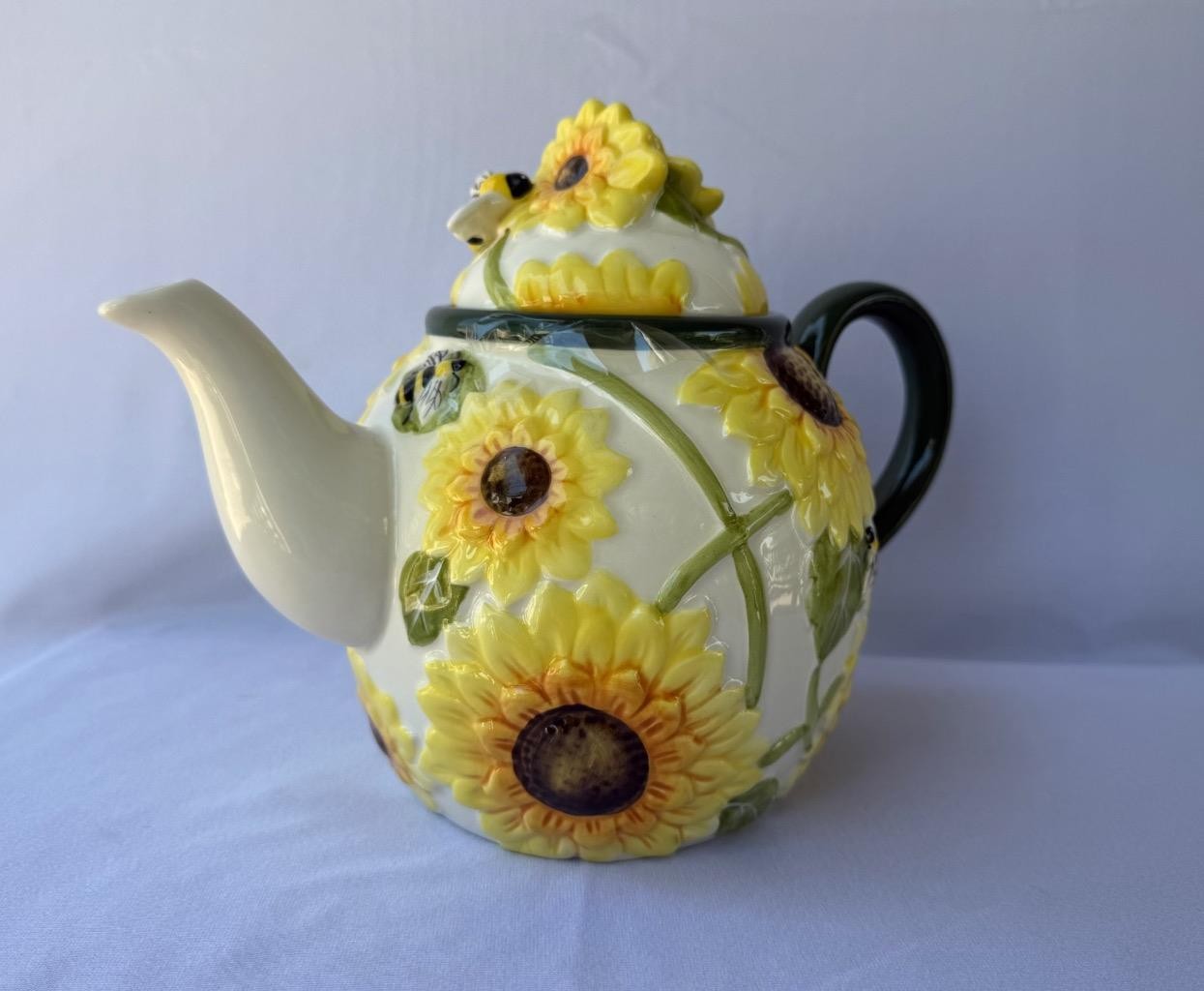 Blue Sky Clayworks Heather Goldminc Hello Yellow Flowers Bees Ceramic Teapot New