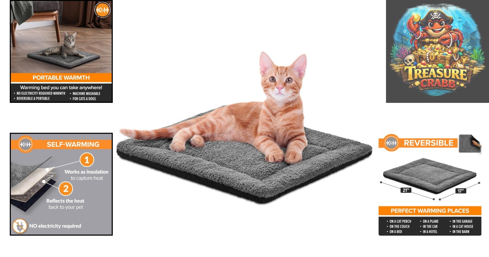 Reversible Heated Cat & Dog Bed Mat - Machine Washable 21x17