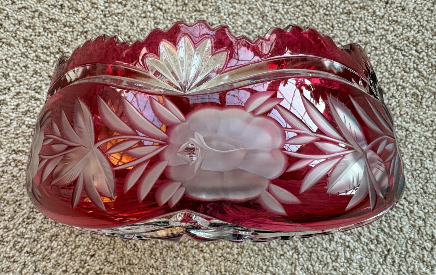 VINTAGE RUBY RED Bohemian Czeck Art Crystal Cut To Clear Center Piece Bowl