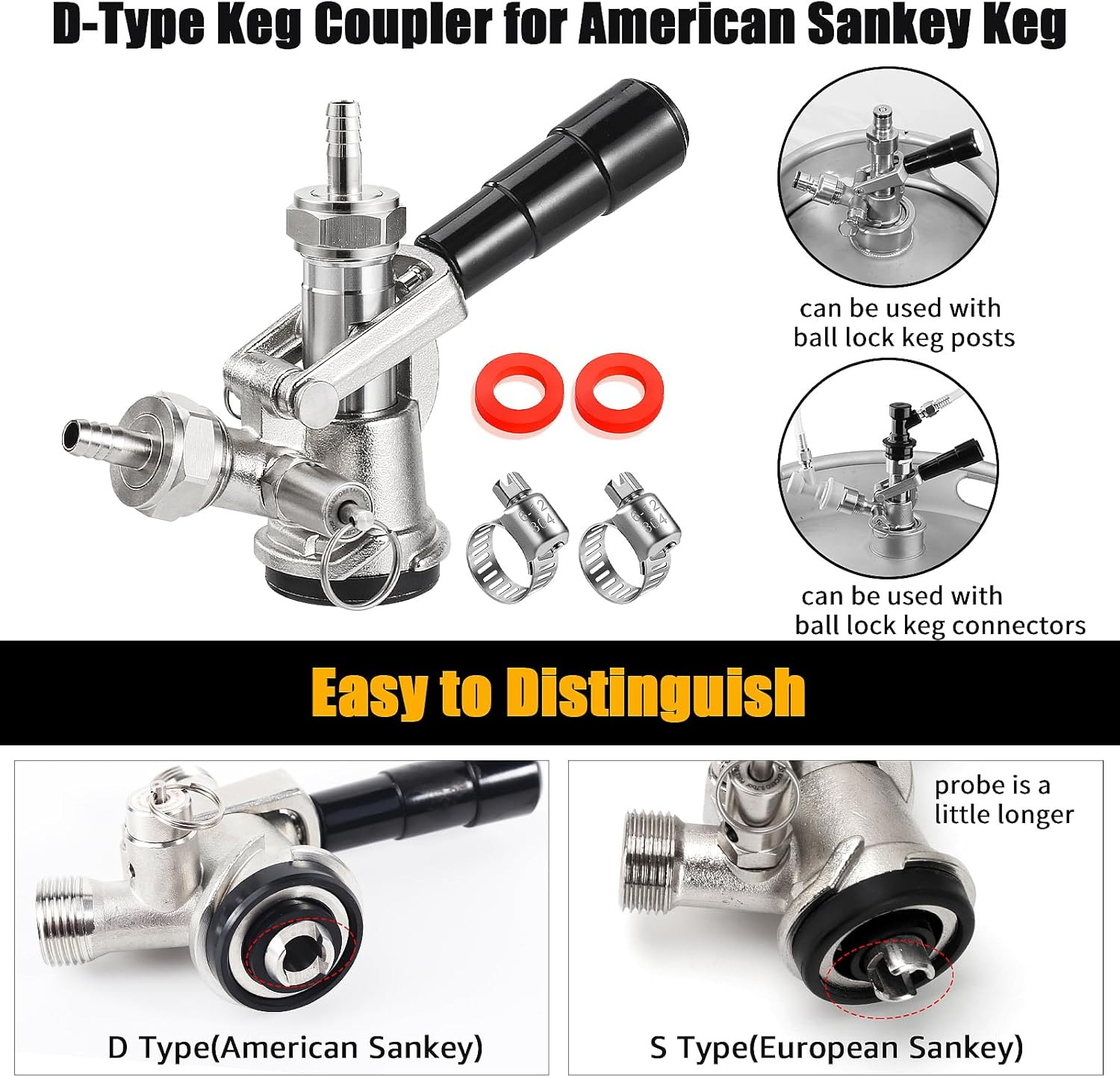 Keg Coupler for Sankey D System Beer Keg Tap Dispenser-304 Stainless Steel Probe