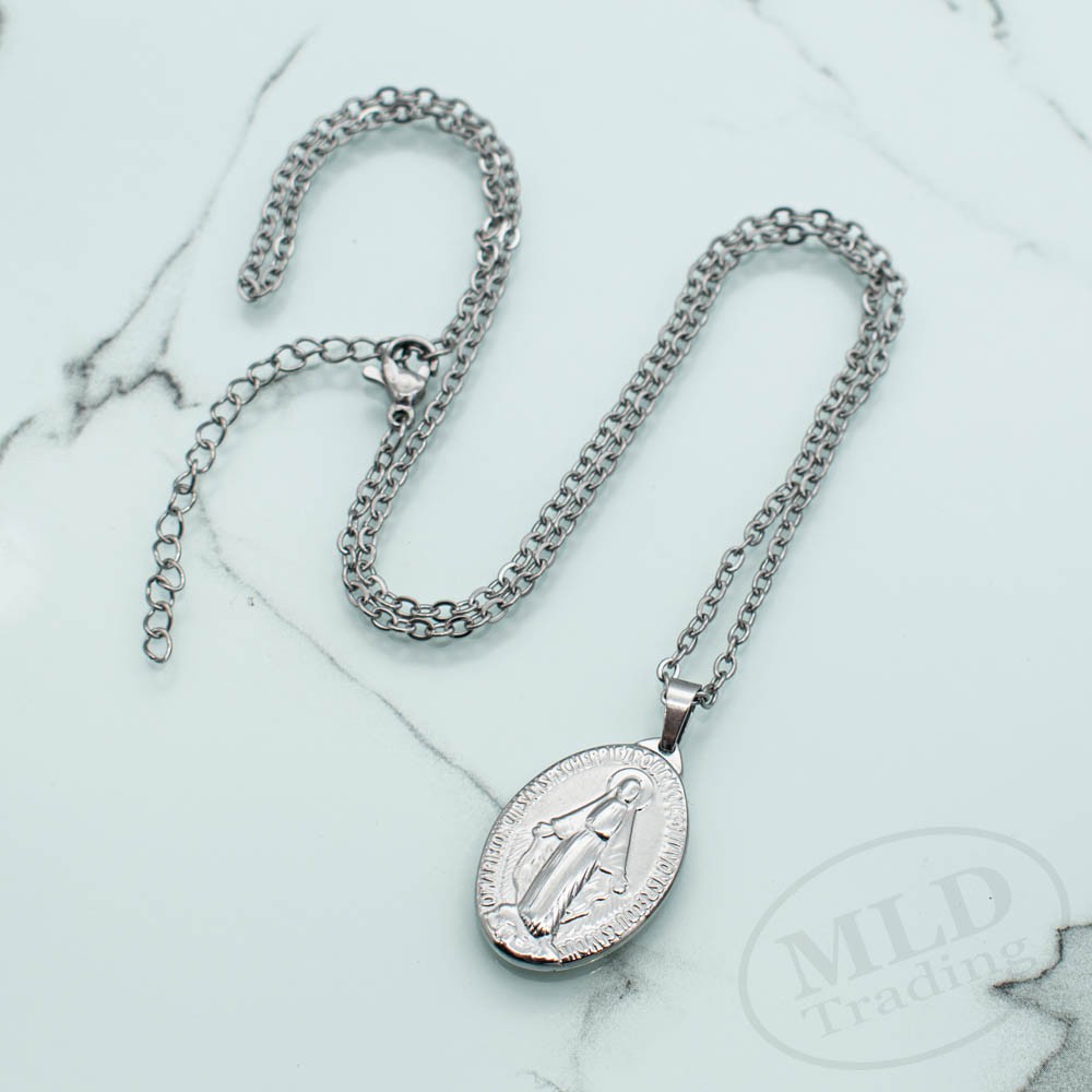 Miraculous Medal Necklace – Stainless Steel Virgin Mary Pendant – 18”+2” Chain