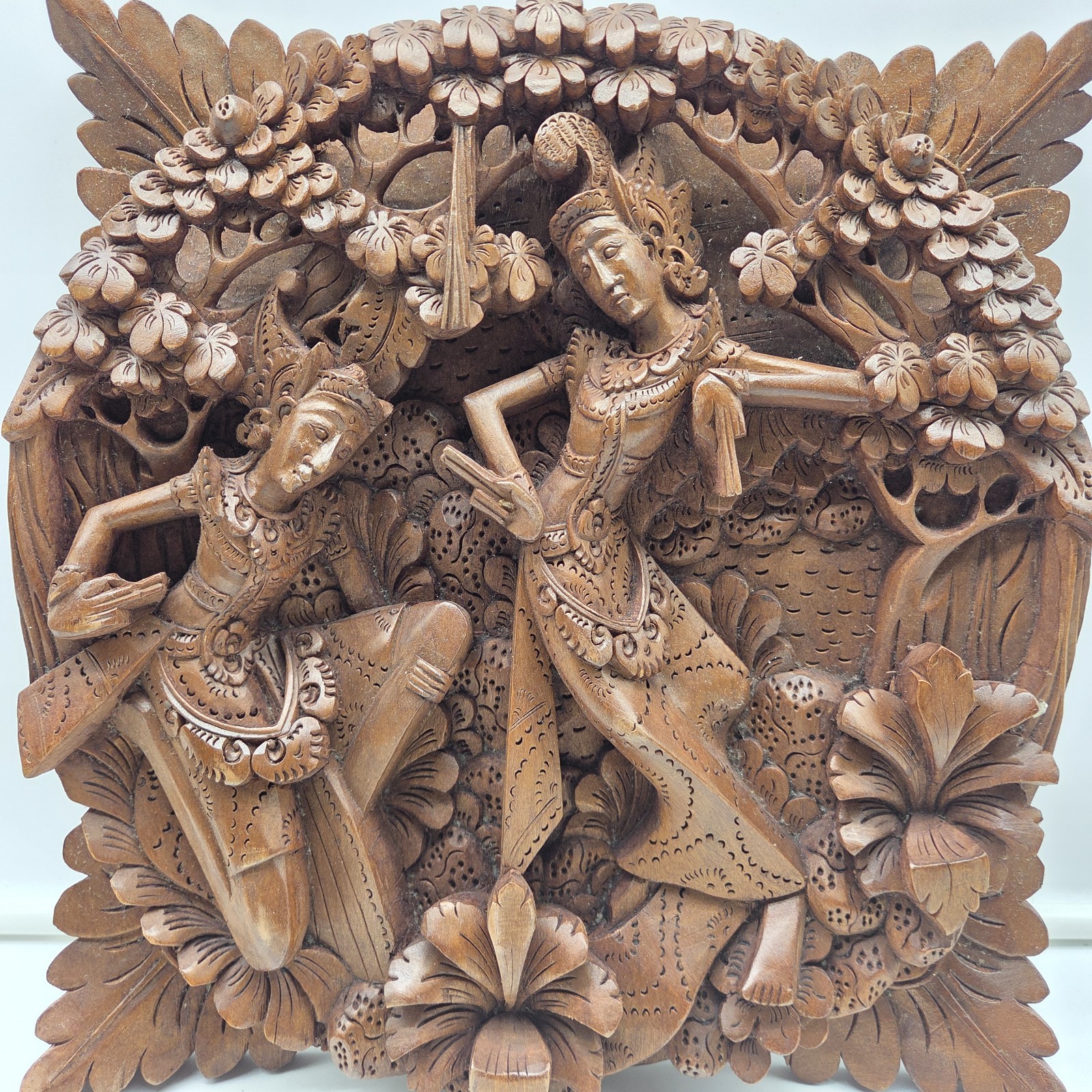 Balinese Bali Hand Carved Wood Relief Wall Art Dancers Floral 12"x11" Vintage