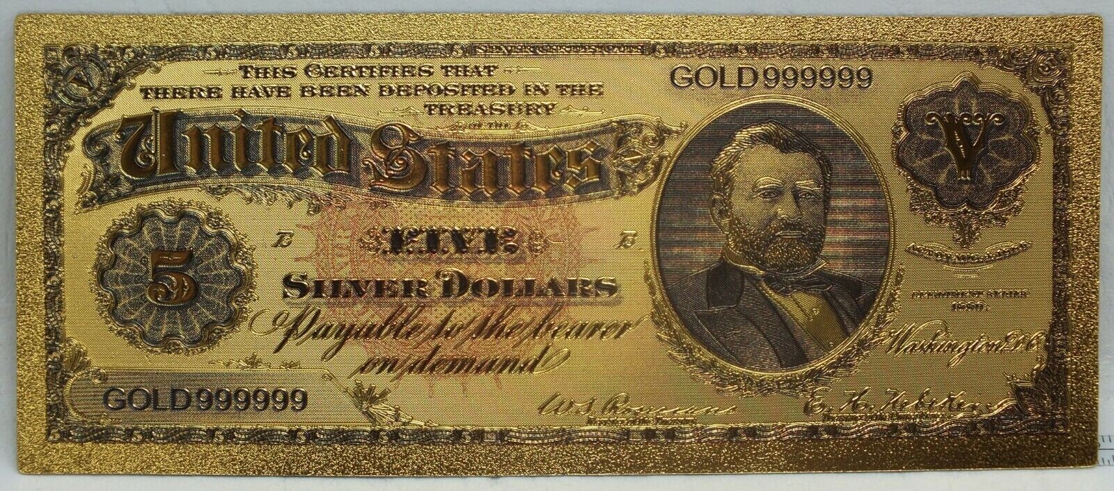 1886 $5 Morgan Back Dollar Silver Certificate 24K Gold Foil Note Bill - GFN13