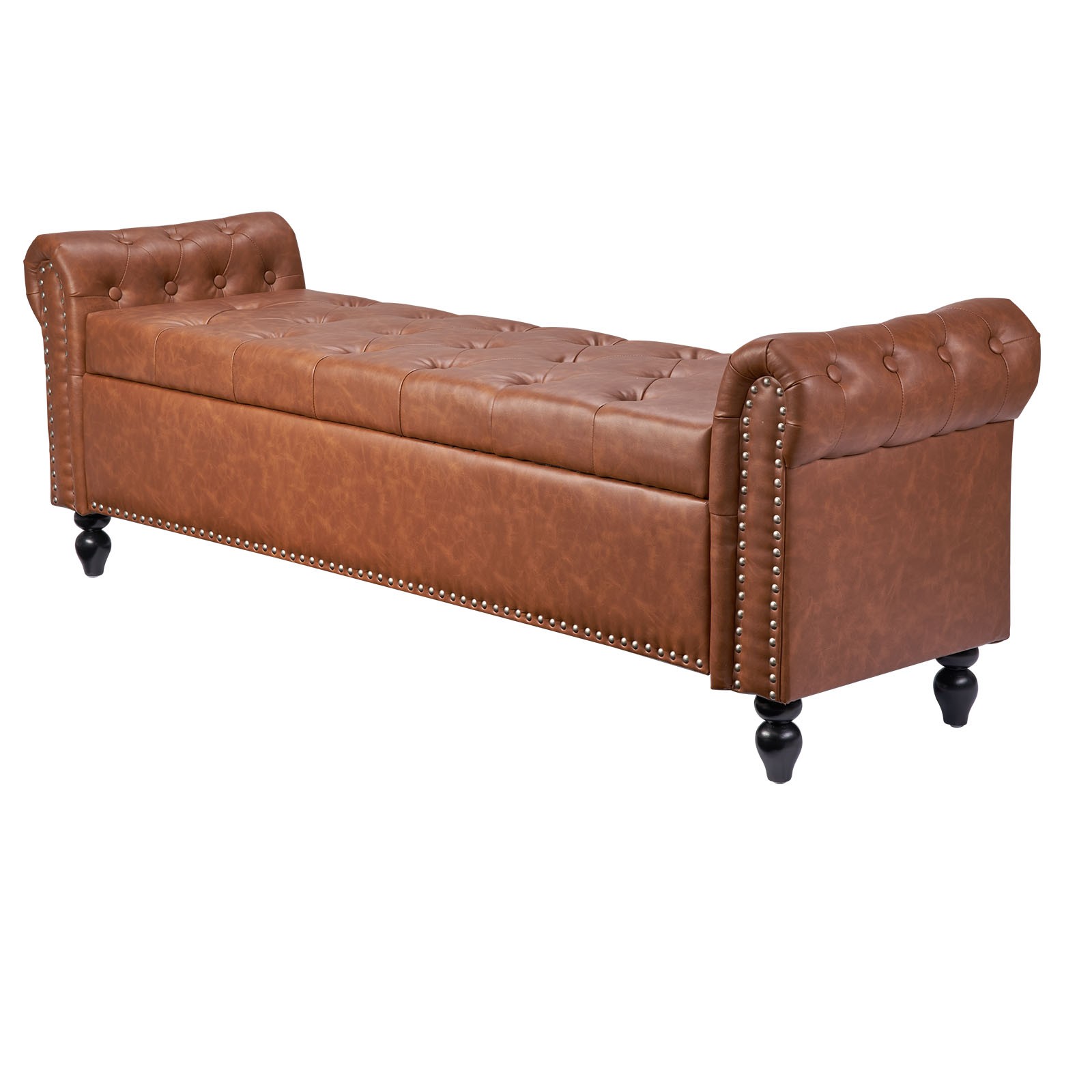 Uimoso Button-Tufted Storage Ottoman Bench Rolled Arm PU Leather Wood Legs Brown