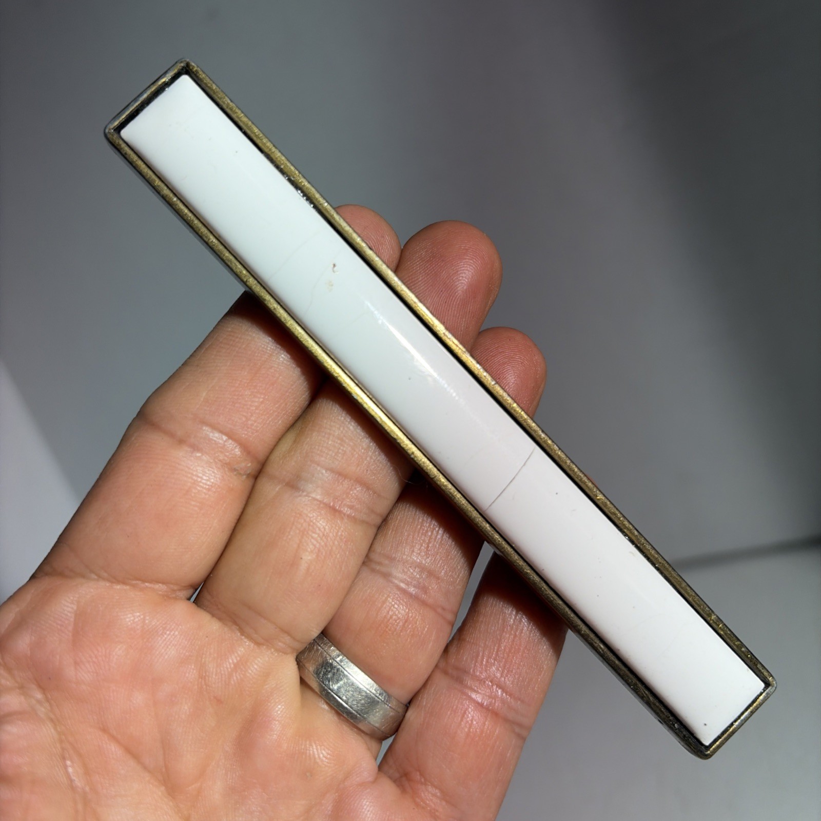 Vintage Single Mid Century Modern Gold Tone White Ceramic Drawer Pull Handle