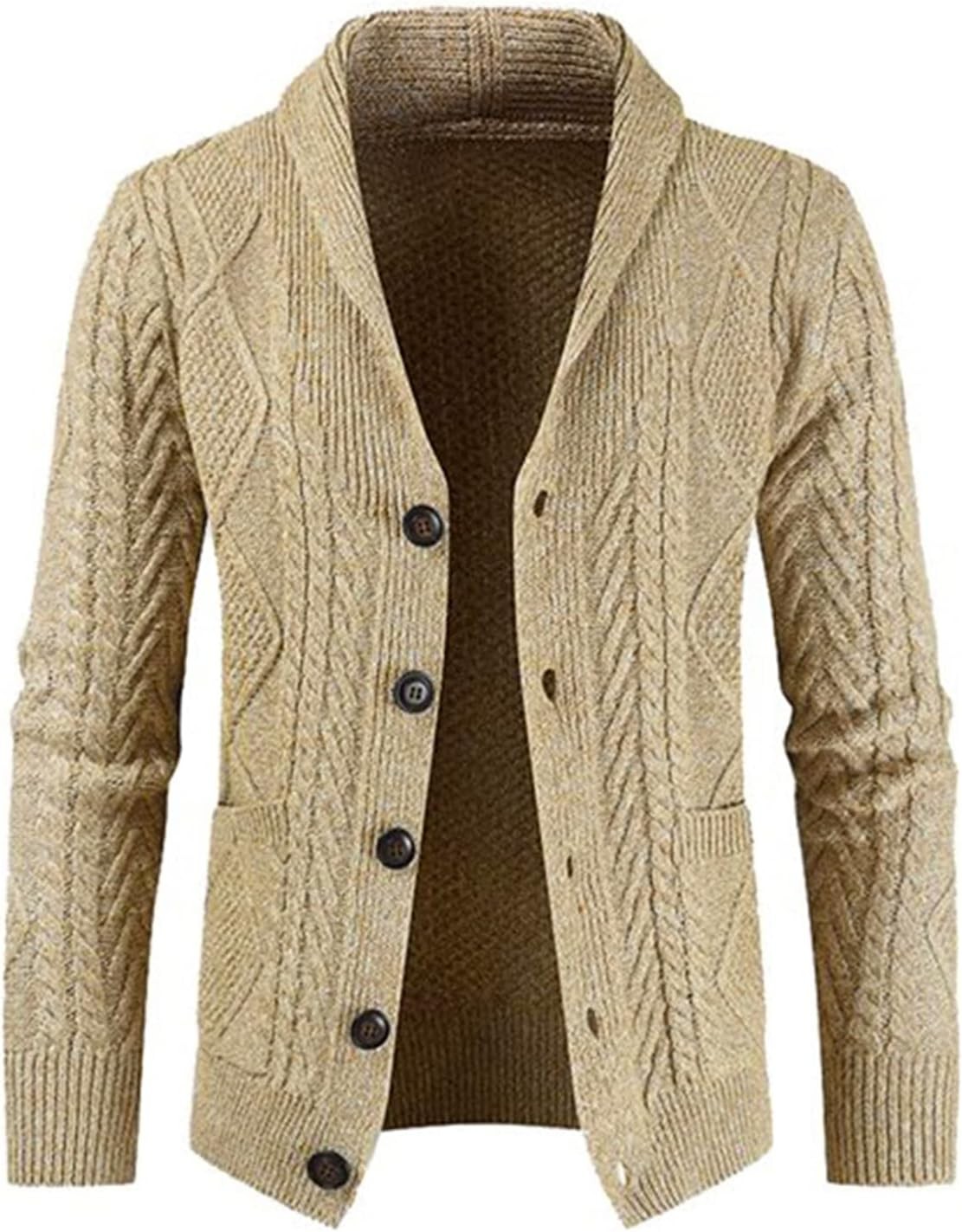 Men's Cable Knit Cardigan Sweater Wool Blend Long Sleeve Shawl Collar Casual