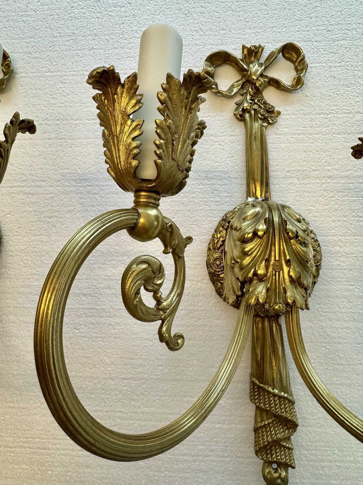 PAIR Antique French Gilt Brass Rope Bow Tassels Wall Sconce 2 Light Candelabras