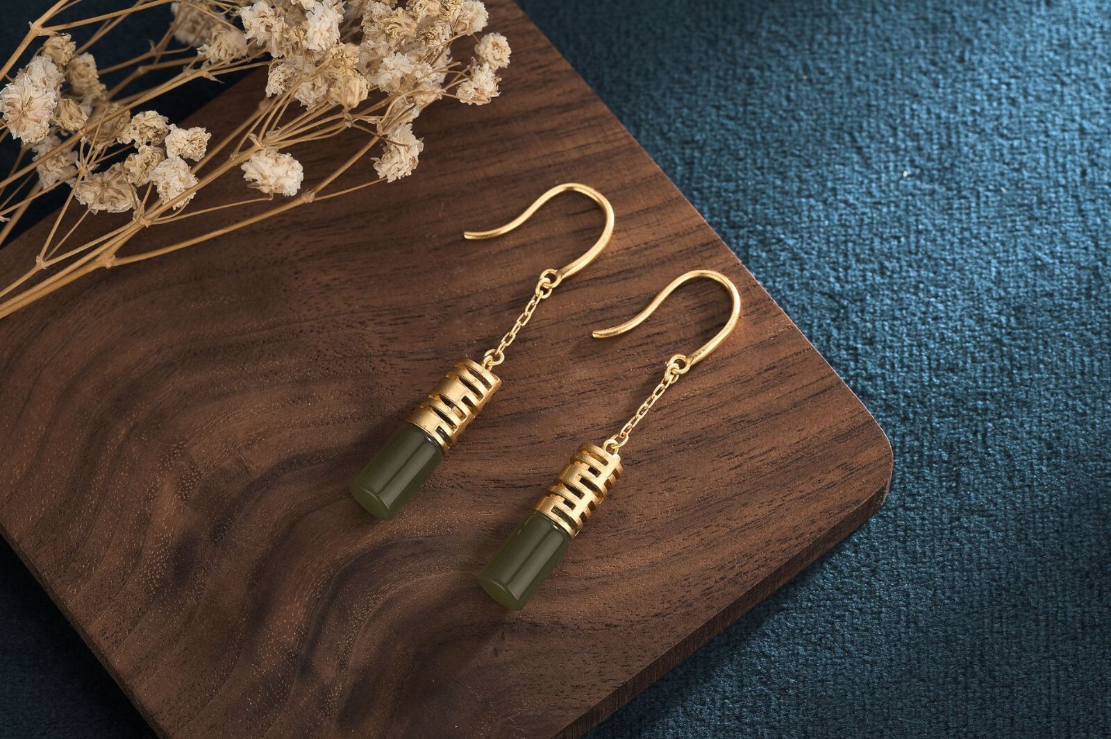 Green Jade Drop Dangle Earrings Gemstone Boho Minimalist Hook 18K Gold Plated