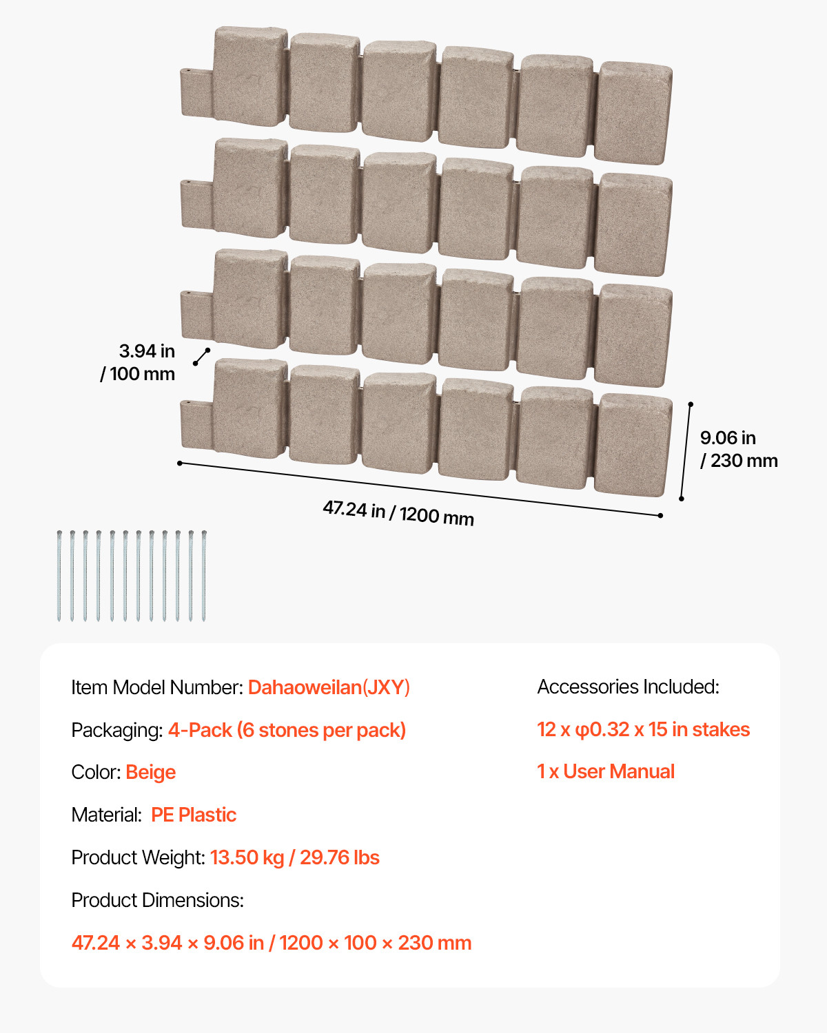 VEVOR Fake Stone Landscape Edging 47.2 x 9 in Lawn Edging Border Fade-Resistant