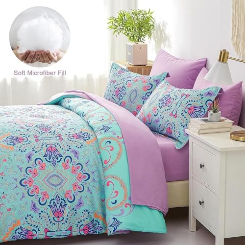 Comforter Set, 5 Piece Bed in a Bag, Boho and Lilac Damask Medallion Twin Aqua