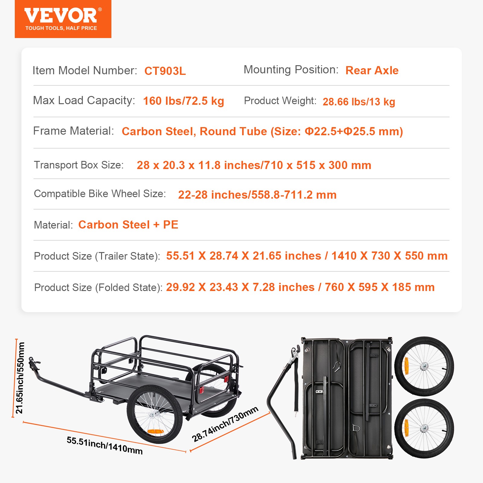 VEVOR Bike Cargo Trailer Bicycle Carrier Storage Cart 160 lbs Load Carbon Steel