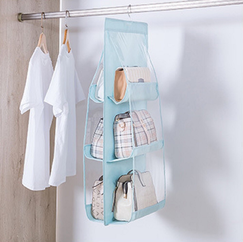 Hanging Handbag Organizer for Wardrobe - 6 Pocket Shelf Bag Storage Holder