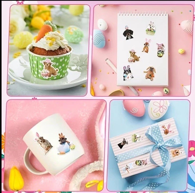 40 PCs ~1x1.2” Adorable Dogs In Easter Costumes Stickers 16 Designs