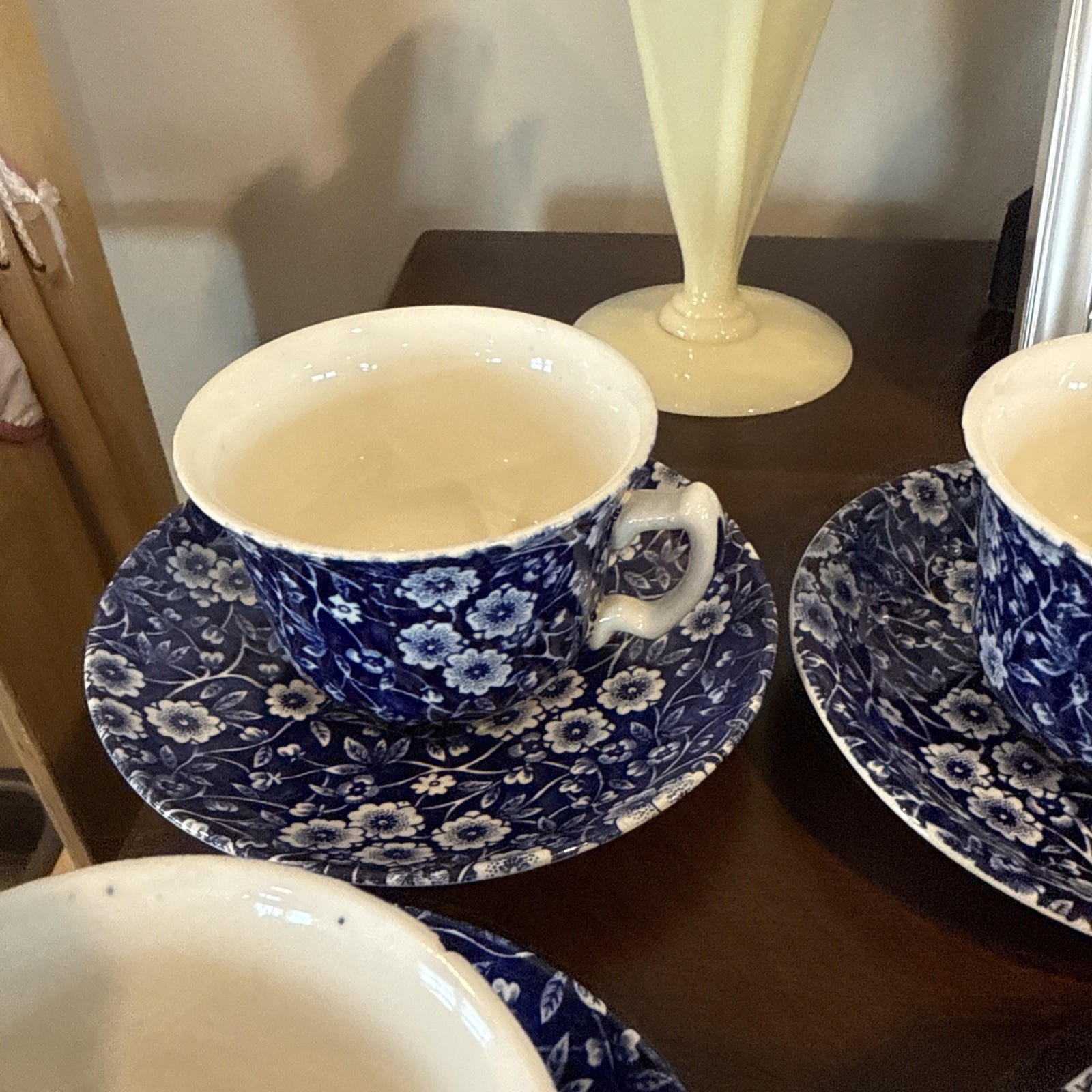 Vintage ROYAL CROWNFORD Blue Calico Cup & Saucer 13 Sets Sold Each Excellent