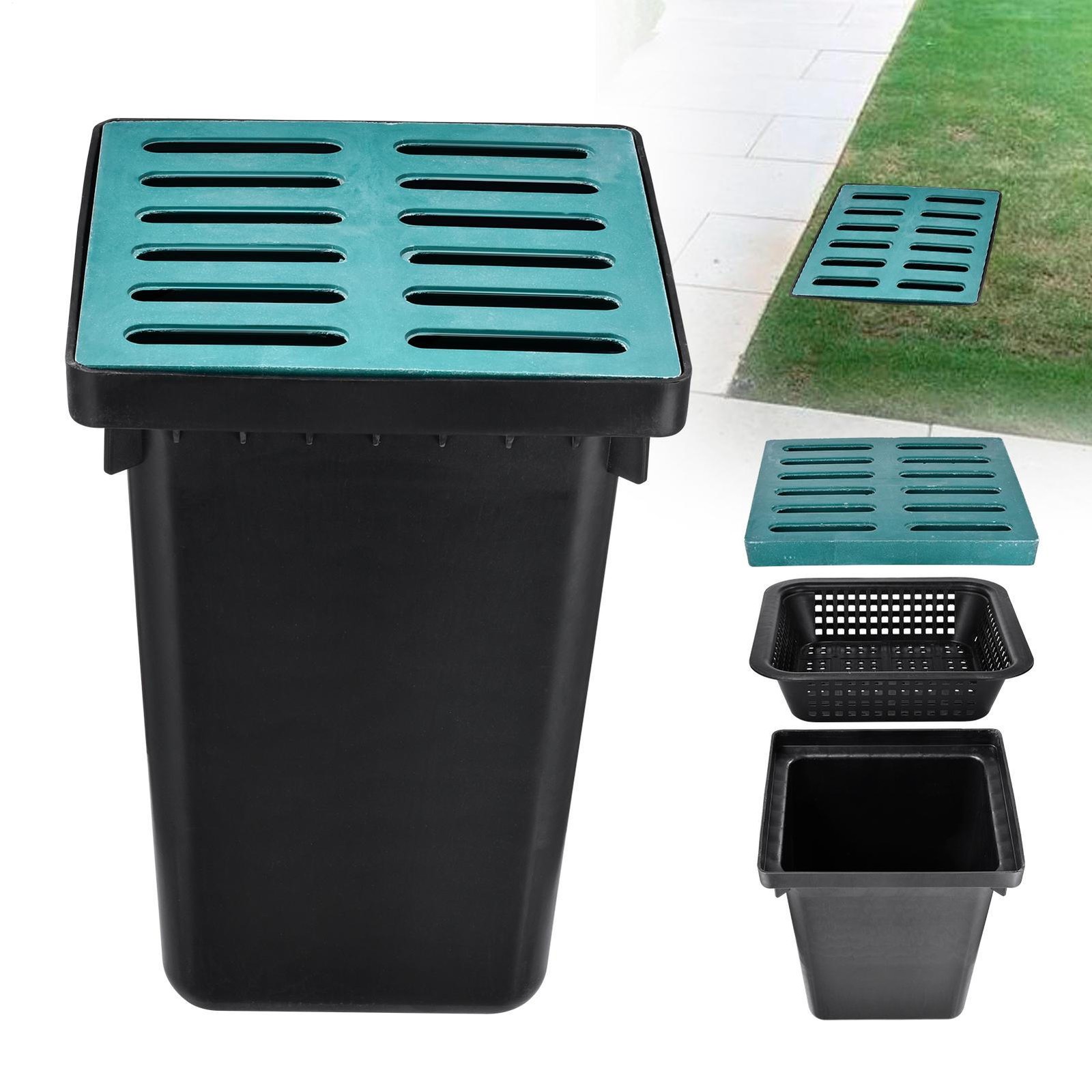 17x17in Catch Basin For Drainage With Fiber Glass Grate Debris Basket Drainage