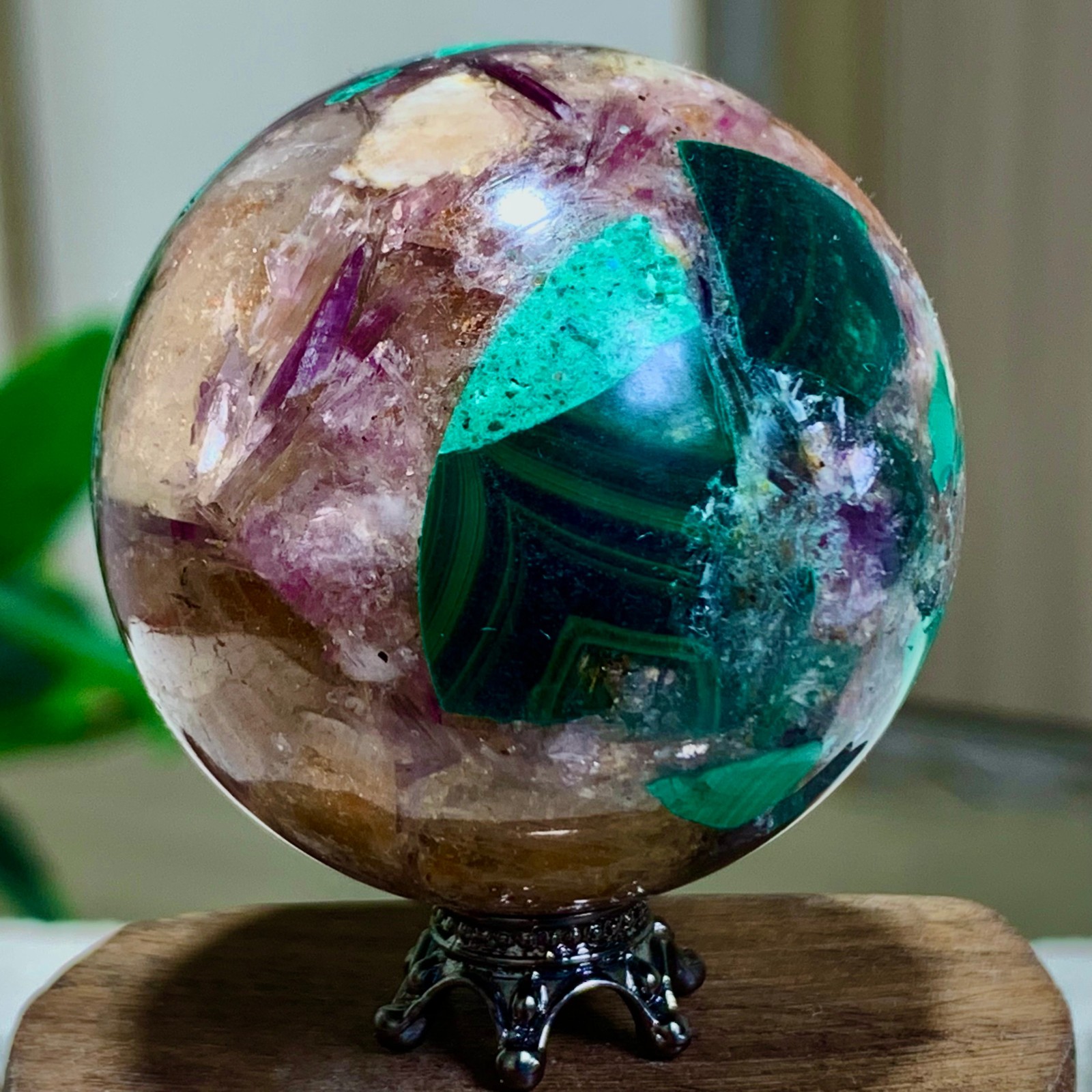 129G Newly discovered rare malachite purple mica symbiotic sphere restoration