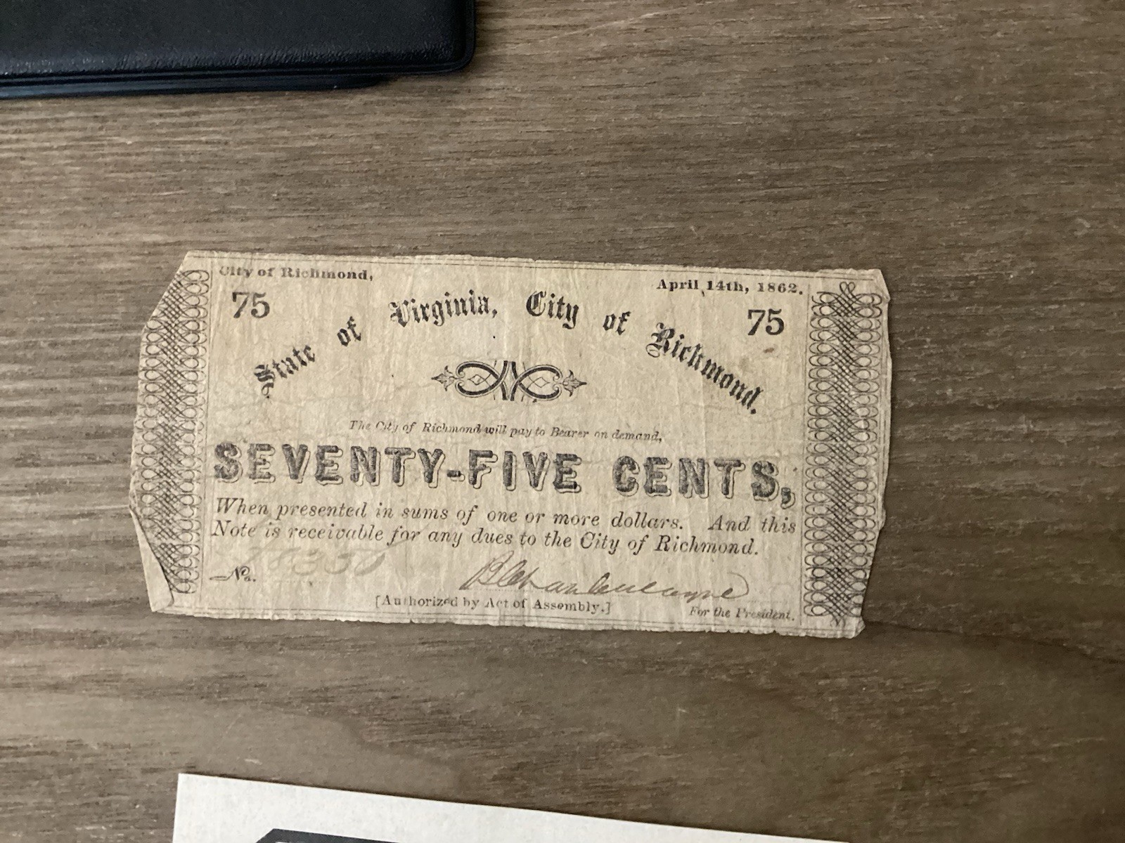 1862 Richmond Virginia 75¢ Obsolete Banknote Civil War Era Currency w/COA