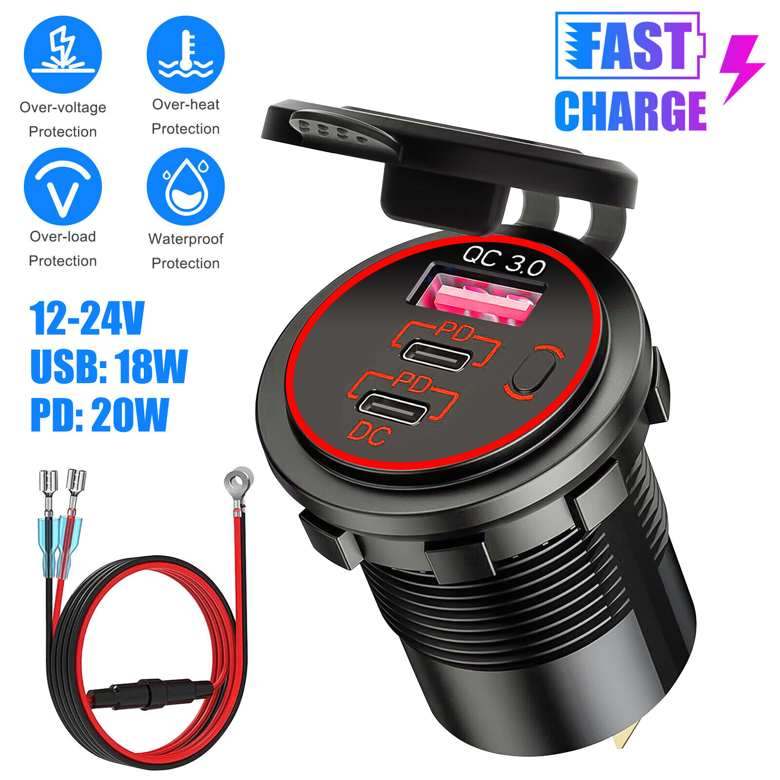 12-24V USB C 3 Port Fast Car Charger PD & QC3.0 Outlet Socket for Boat RV Marine