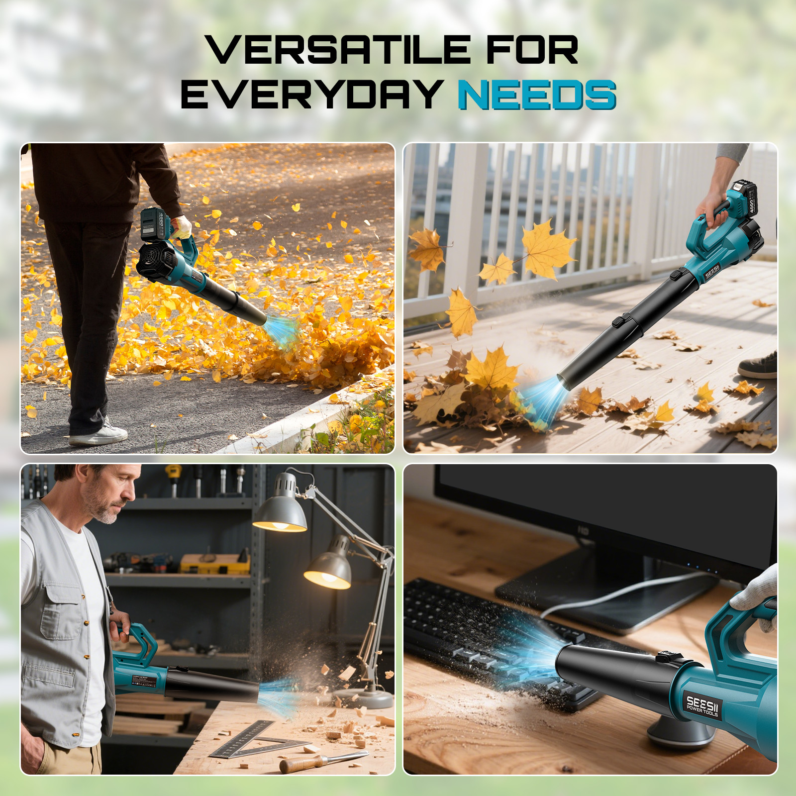 Seesii 21V Cordless Leaf Blower 780CFM 400MPH 2x4000mAh Batteries