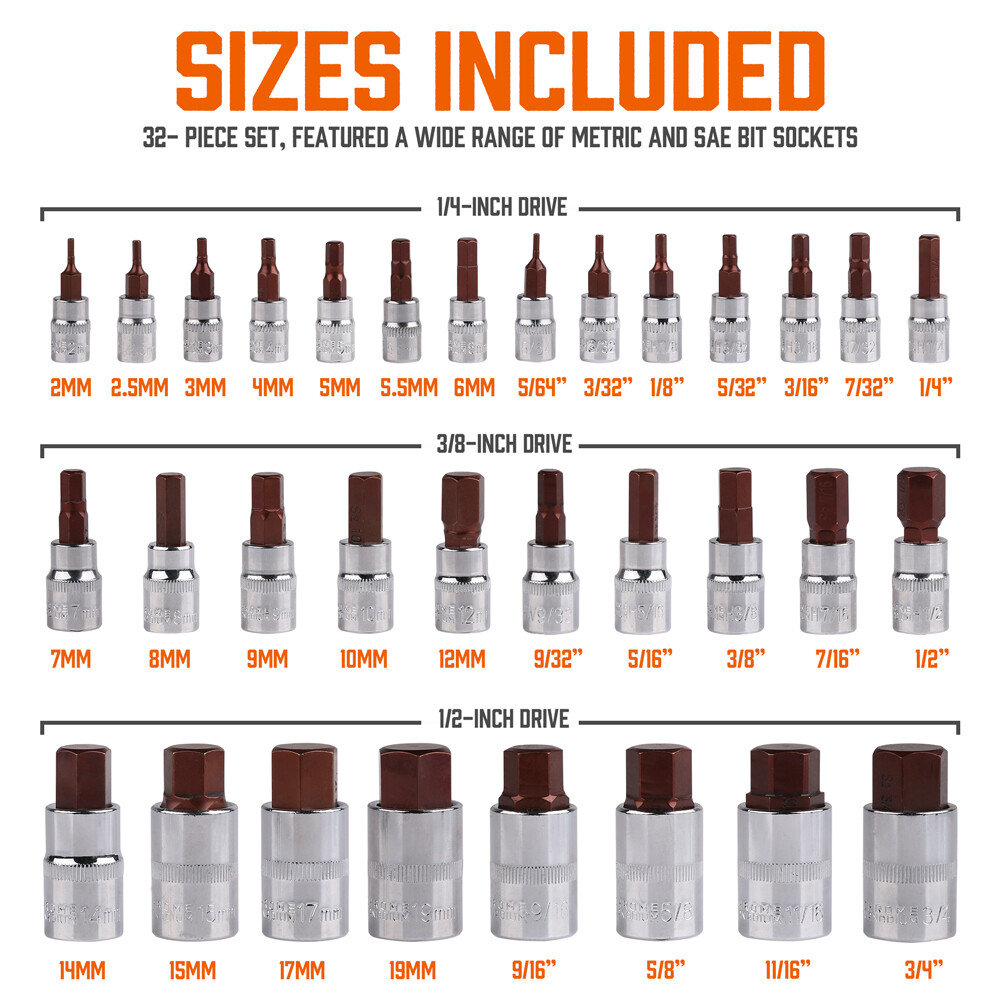 HORUSDY Hex Bit Socket Set 32PC SAE Metric 1/2" 3/8" 1/4" Driver S2 Steel W/Case