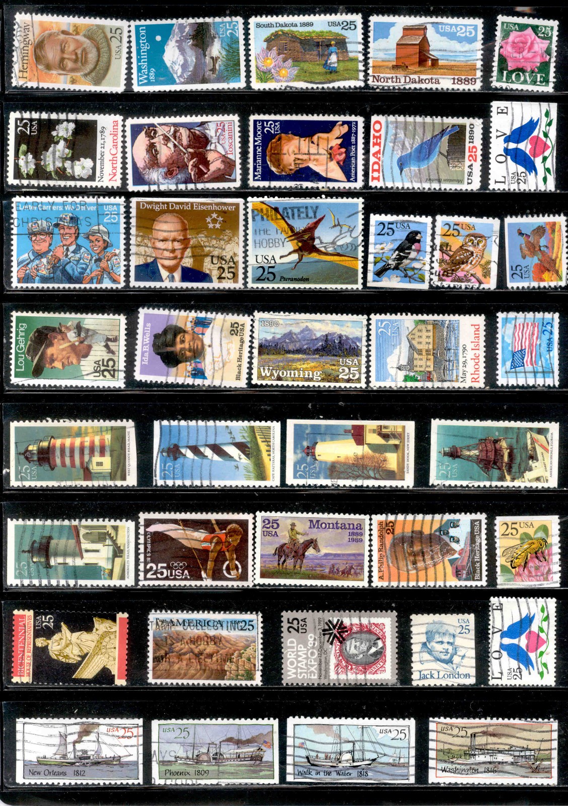 25 Cent 54 Stamps 1988-1991 U.S. Lot Used