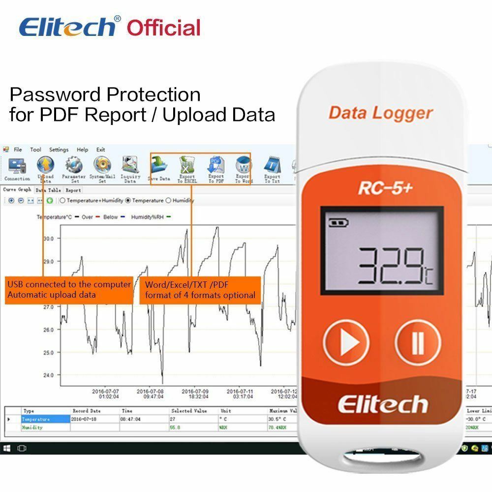 Elitech RC-5+ USB Temperature Data logger Temp Recorder PDF Reporter 32000 Point