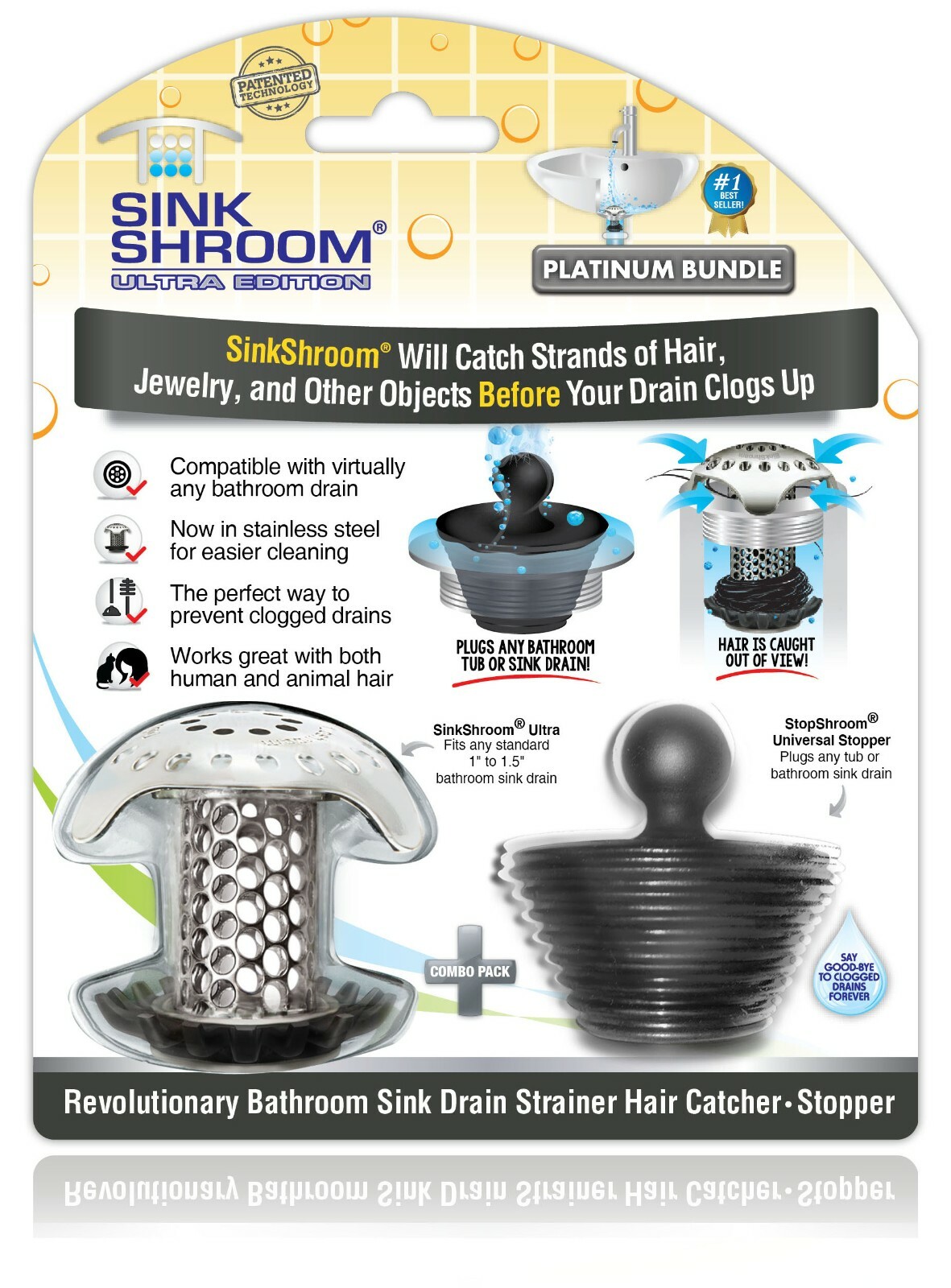 SinkShroom Ultra Strainer Drain Protector Hair Catcher with StopShroom for Sink