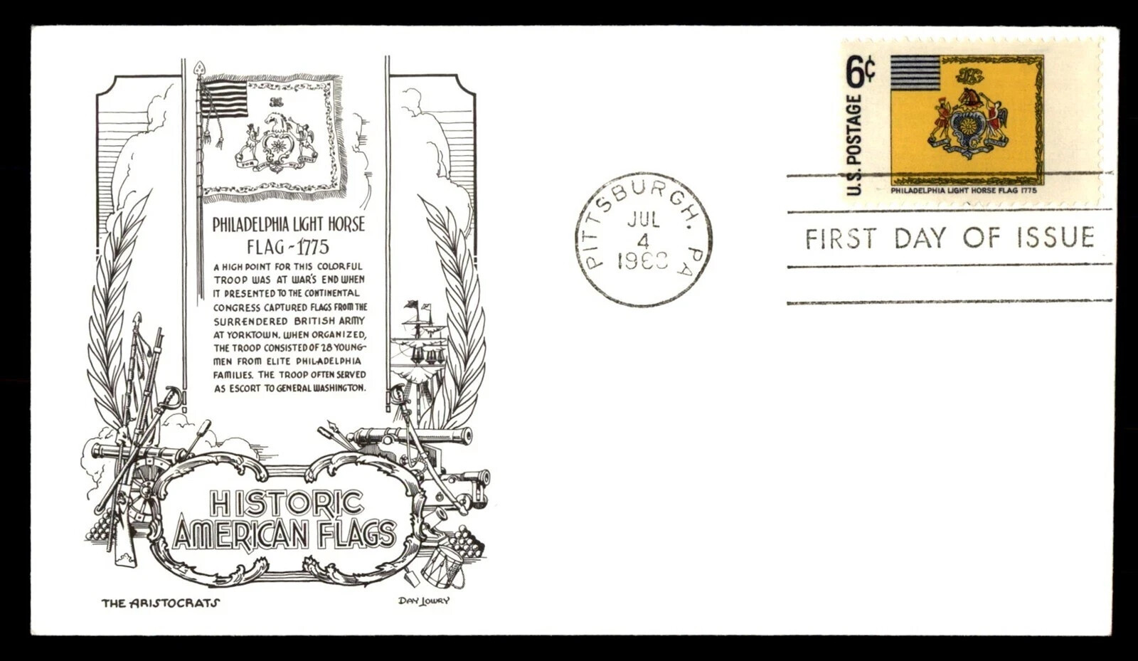 COLONIAL FLAGS PHILADELPHIA LIGHT HORSE FLAG 1775 1968 ARISTOCRATS LOWRY CAC FDC