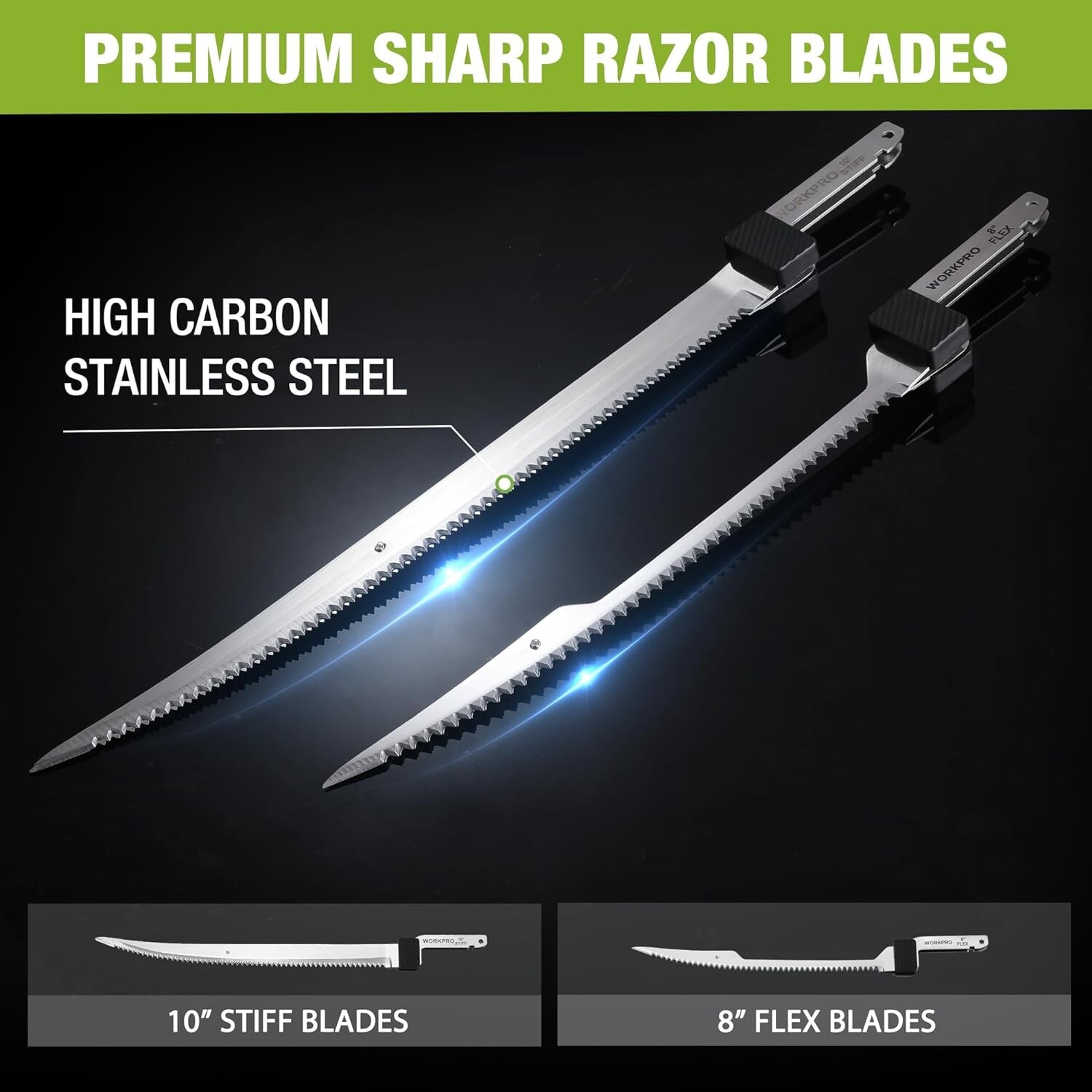 WORKPRO 2PC 10" 8" 12V Electric Fillet Knife Cordless Reciprocating Razor Blades