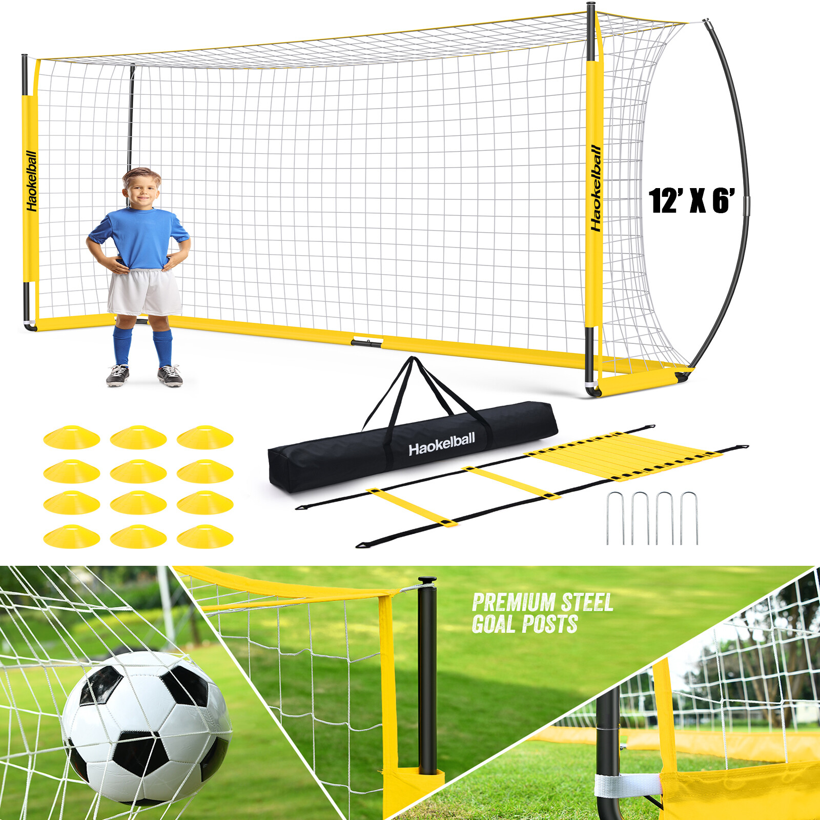 Portable Soccer Goal Net for Teens Adults 12x6FT Soccer Net with Ladder 12 Cones