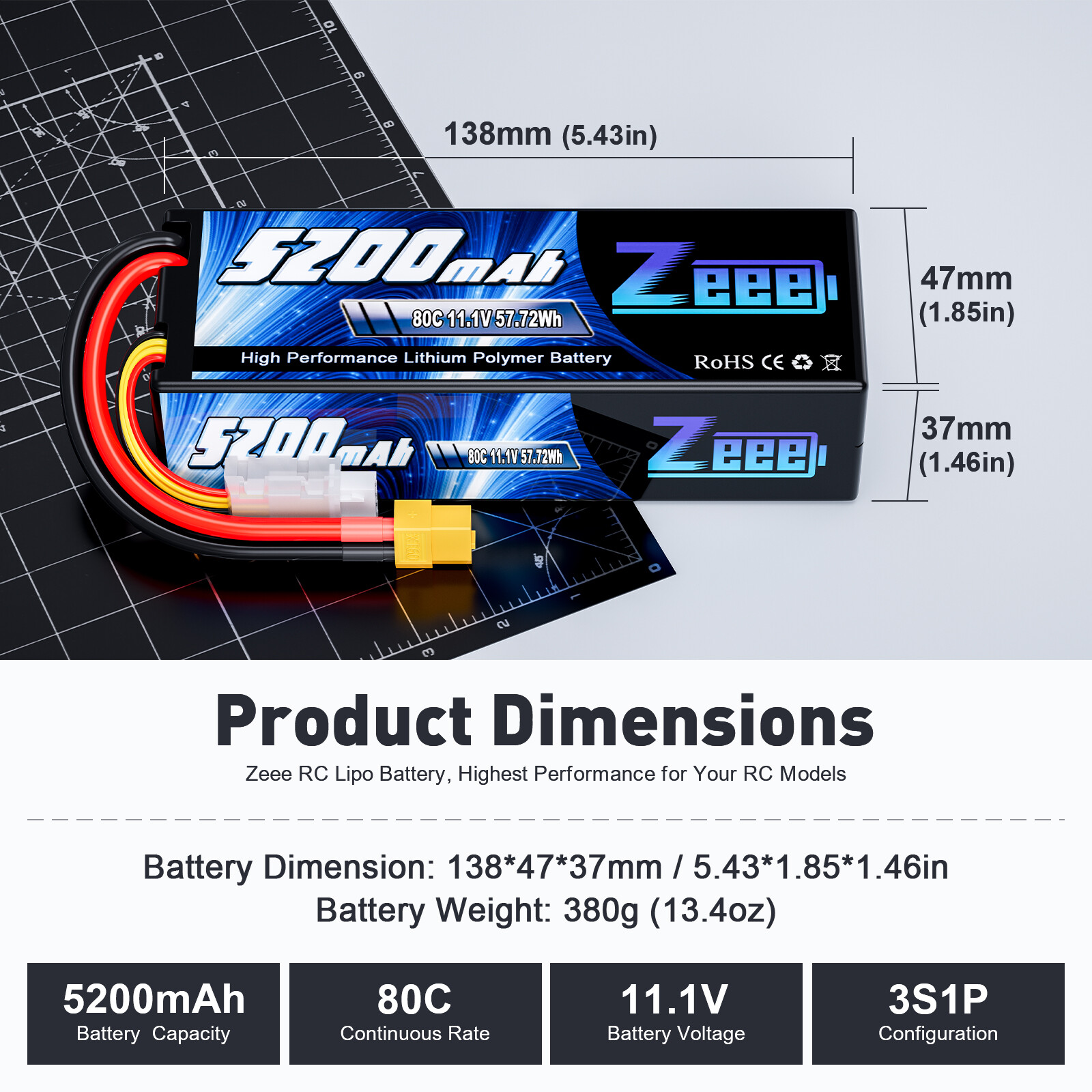 2x Zeee 11.1V 3S LiPo Battery 80C 5200mAh XT60 for RC Car Truck Boat Helicopter