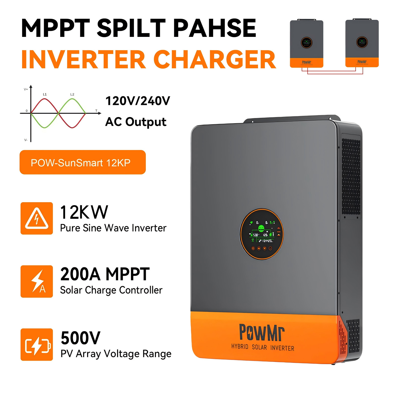 12KW 48V Solar Hybrid Inverter 120V/220V Split Phase 200A Charger Power Inverter